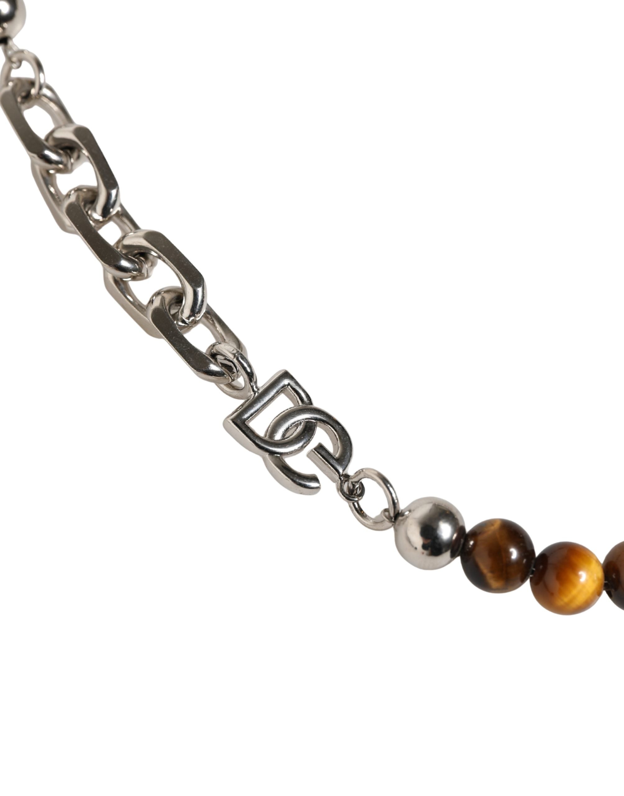 Dolce & Gabbana Silver Tone Brass Chain Beaded Gem DG Logo Women's Bracelet