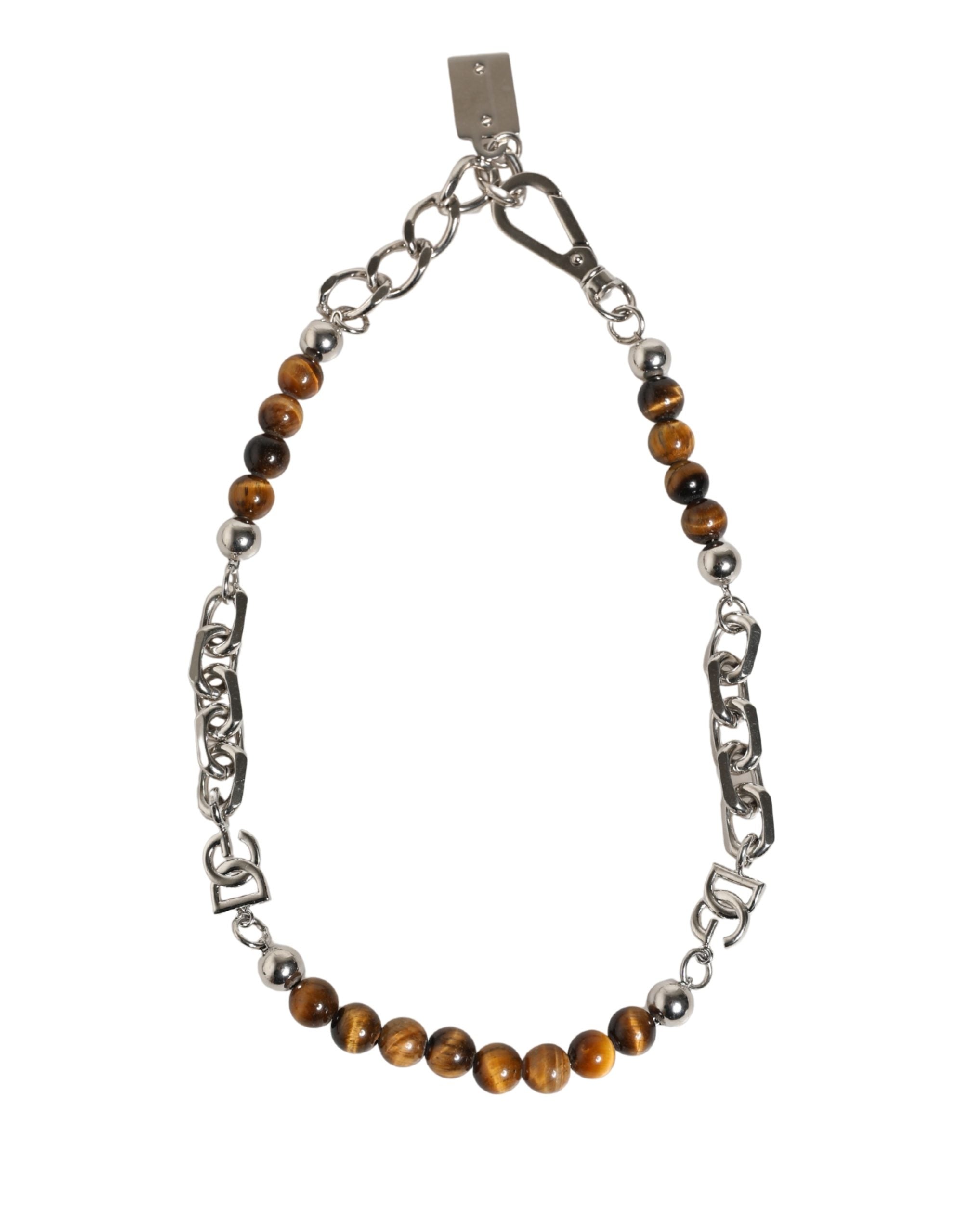 Dolce & Gabbana Silver Tone Brass Chain Beaded Gem DG Logo Women's Bracelet