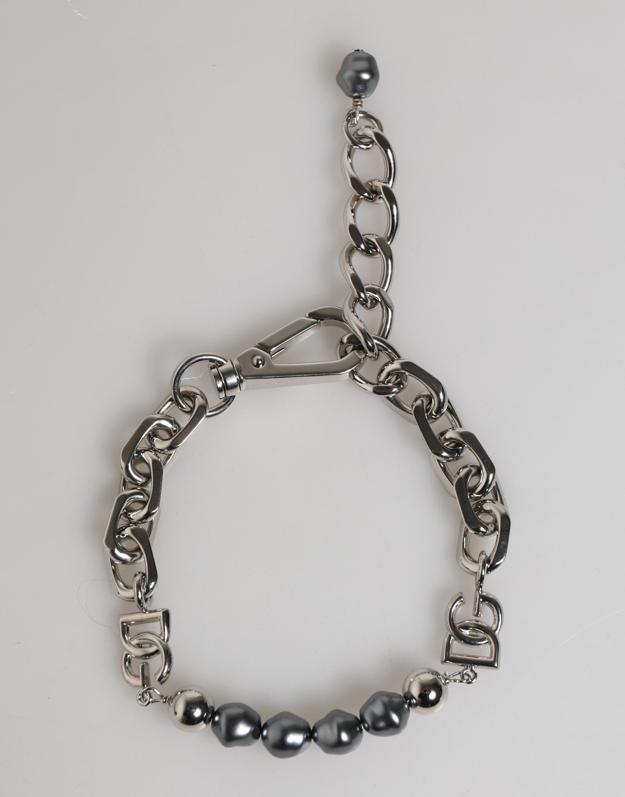 Dolce & Gabbana Silver Tone Chain Lobster Clasp Logo Gray Pearls Women's Bracelet