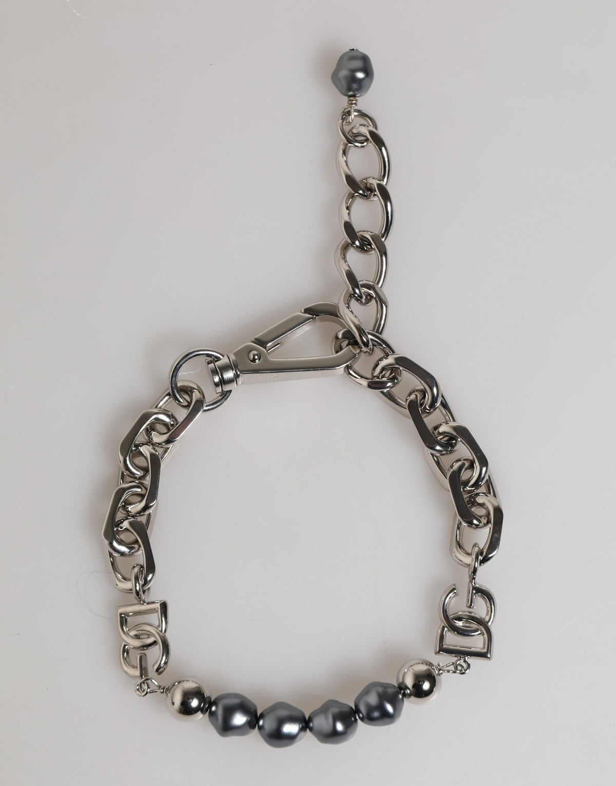 Dolce & Gabbana Silver Tone Chain Lobster Clasp Logo Gray Pearls Women's Bracelet