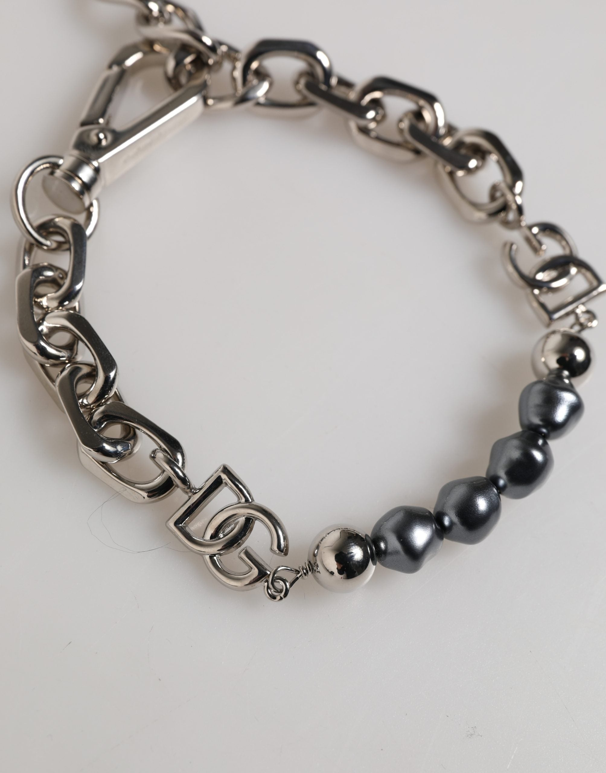 Dolce & Gabbana Silver Tone Chain Lobster Clasp Logo Gray Pearls Women's Bracelet
