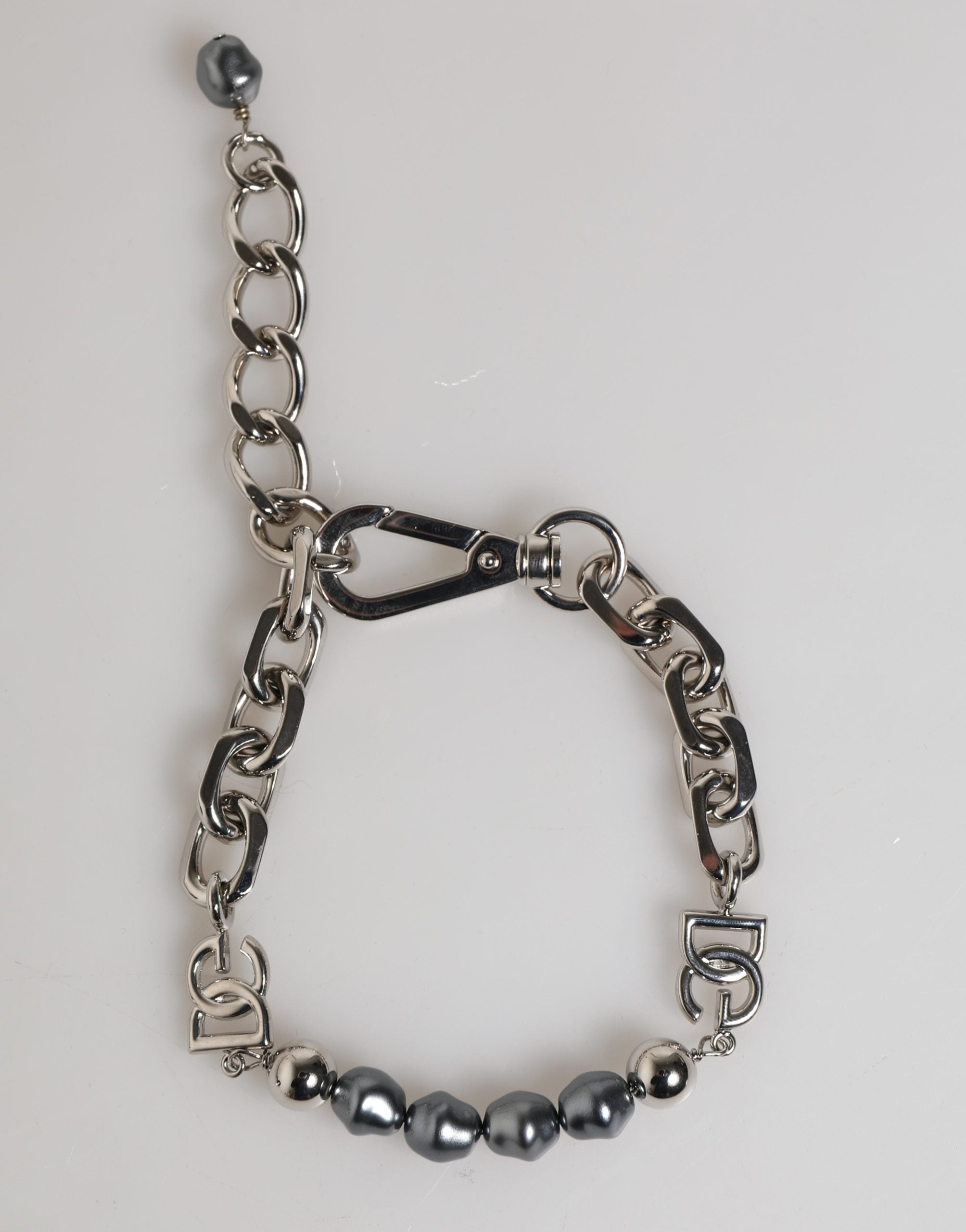 Dolce & Gabbana Silver Tone Chain Lobster Clasp Logo Gray Pearls Women's Bracelet