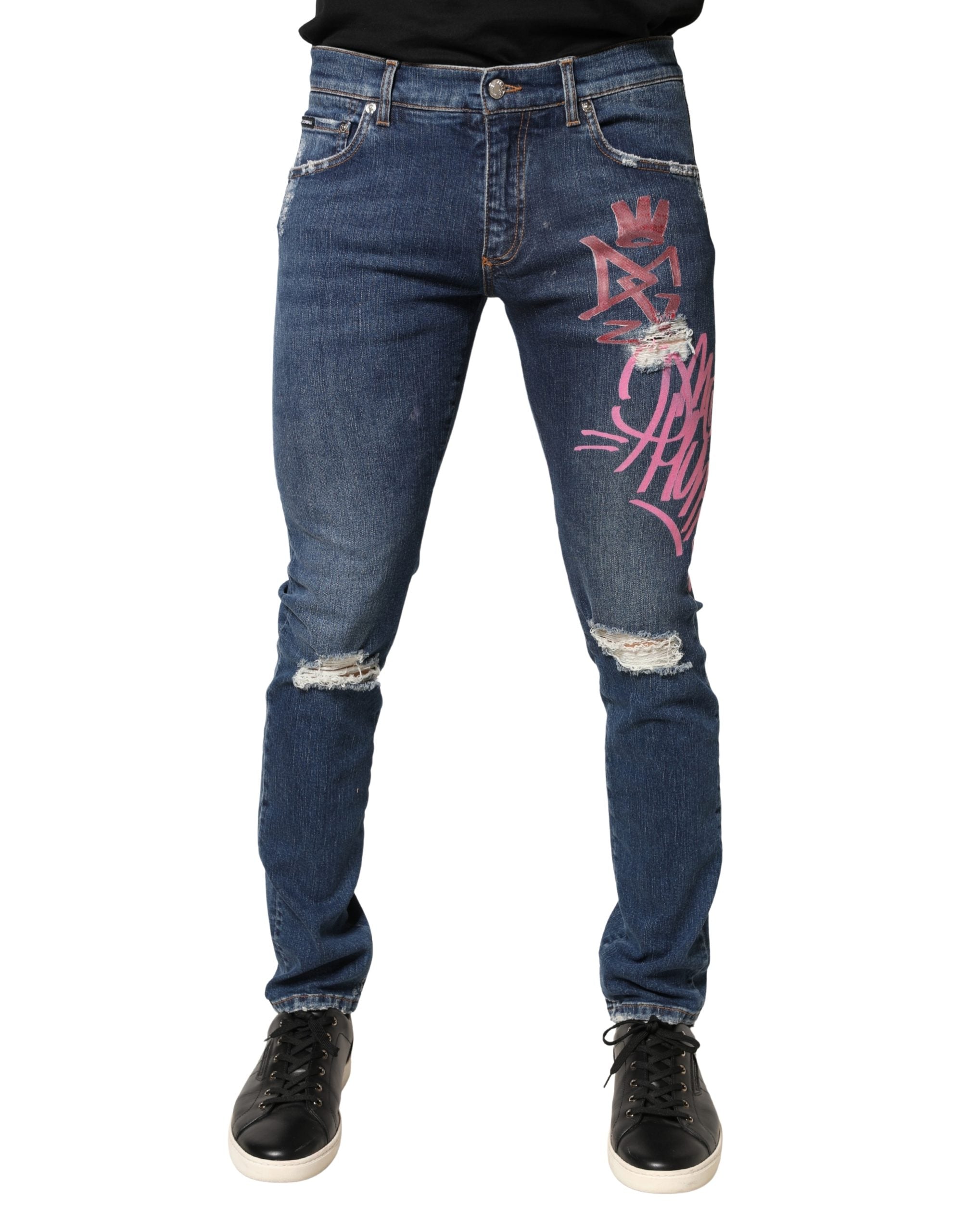 Dolce & Gabbana Blue Distressed Graffiti Print Skinny Men's Jeans