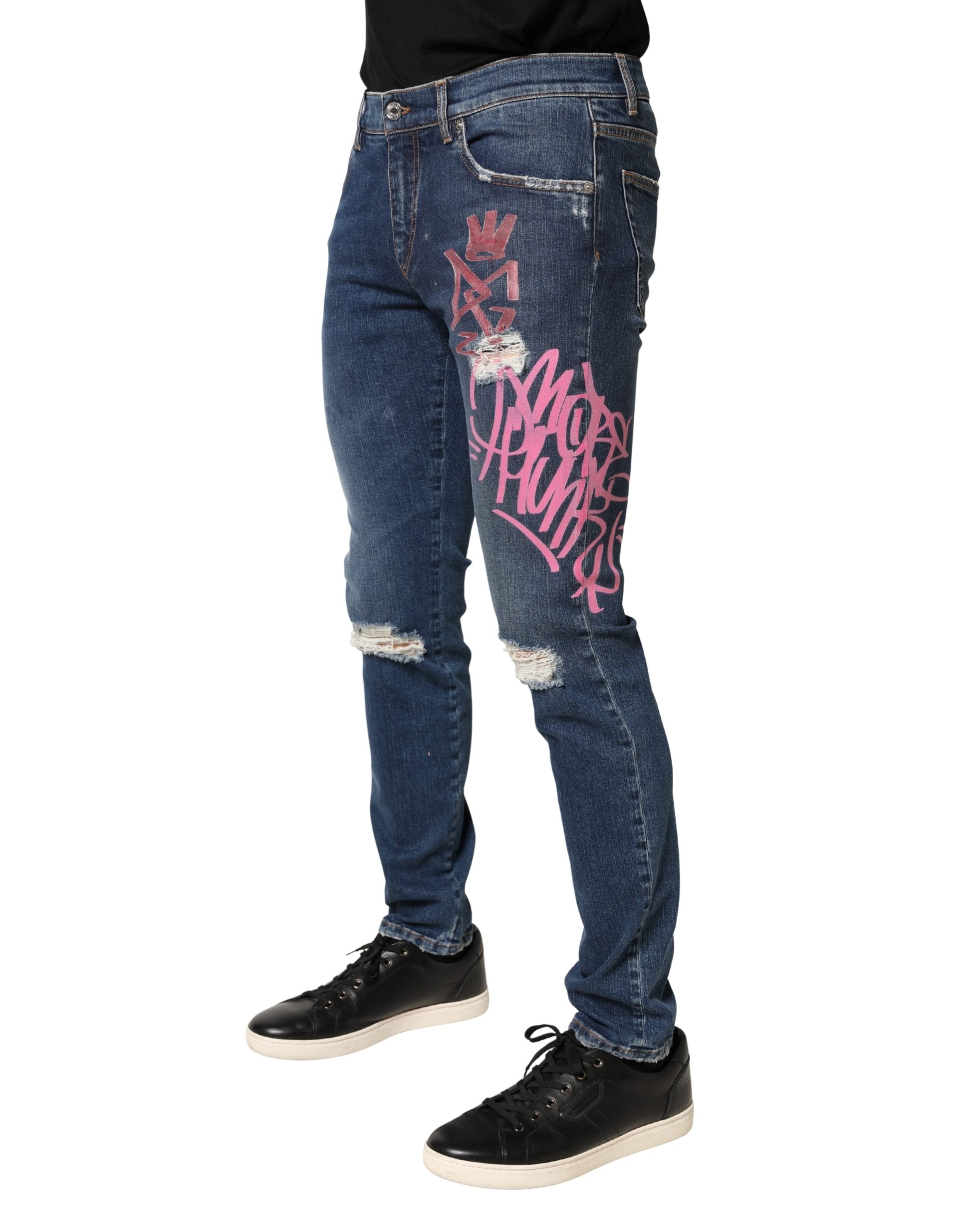 Dolce & Gabbana Blue Distressed Graffiti Print Skinny Men's Jeans