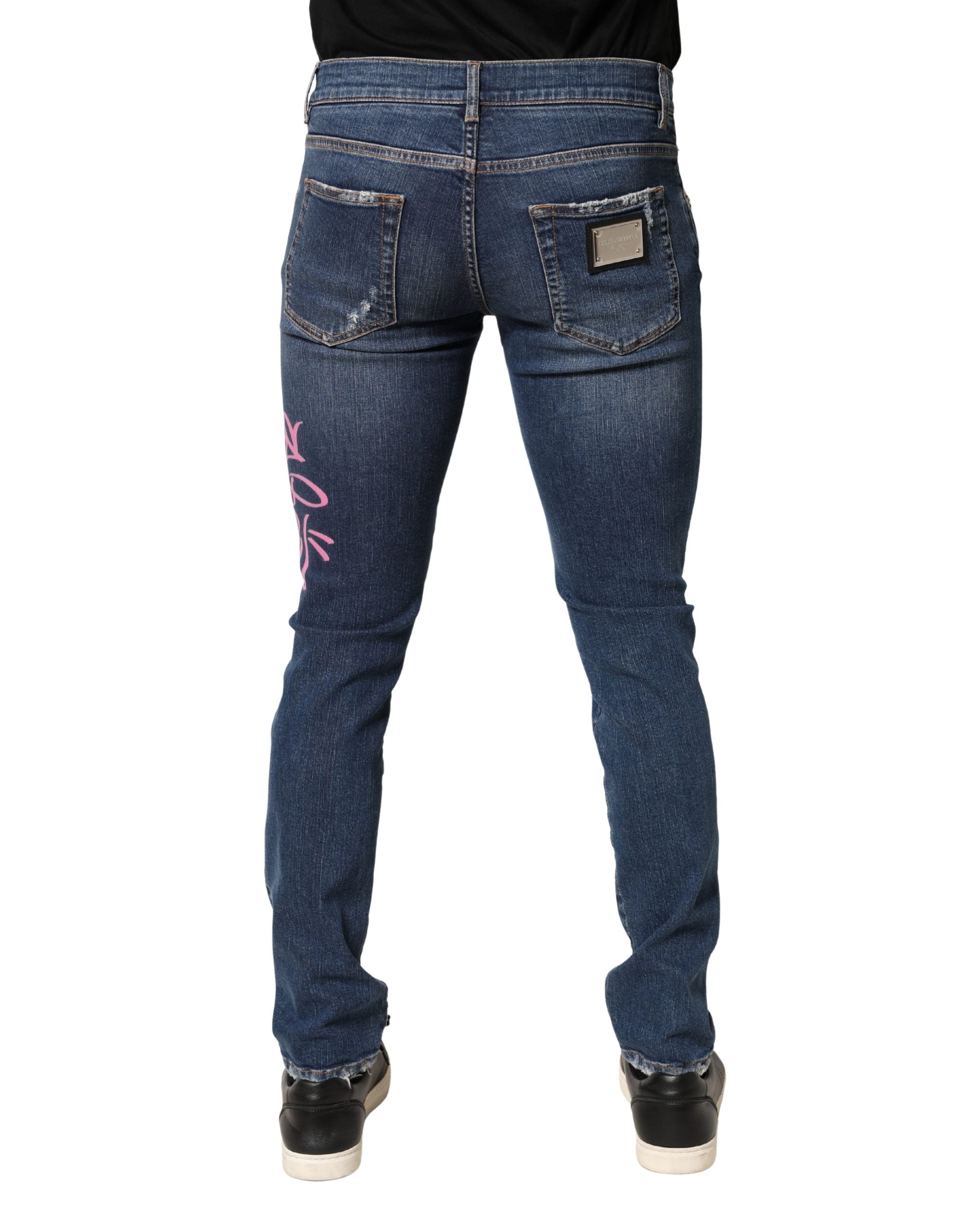 Dolce & Gabbana Blue Distressed Graffiti Print Skinny Men's Jeans