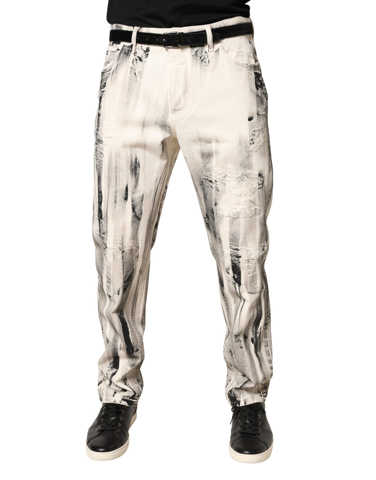 Dolce & Gabbana White Distressed Paint Print LooseDenim Men's Jeans