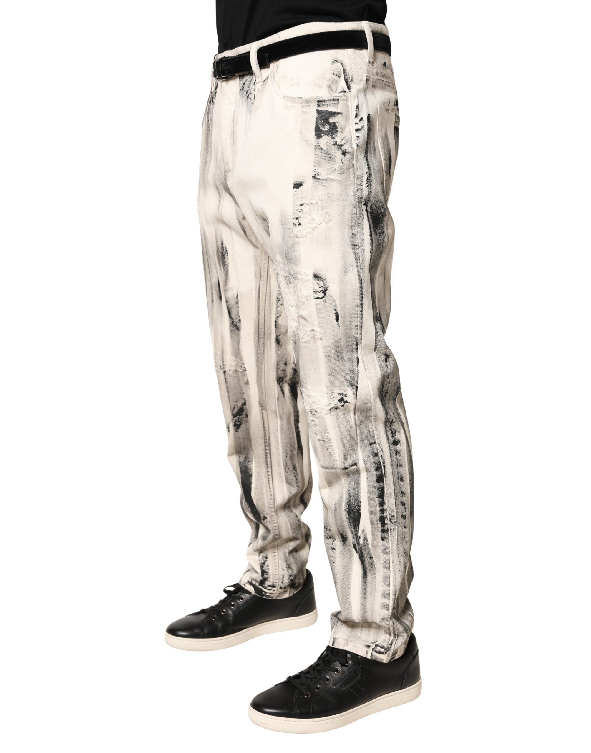 Dolce & Gabbana White Distressed Paint Print LooseDenim Men's Jeans