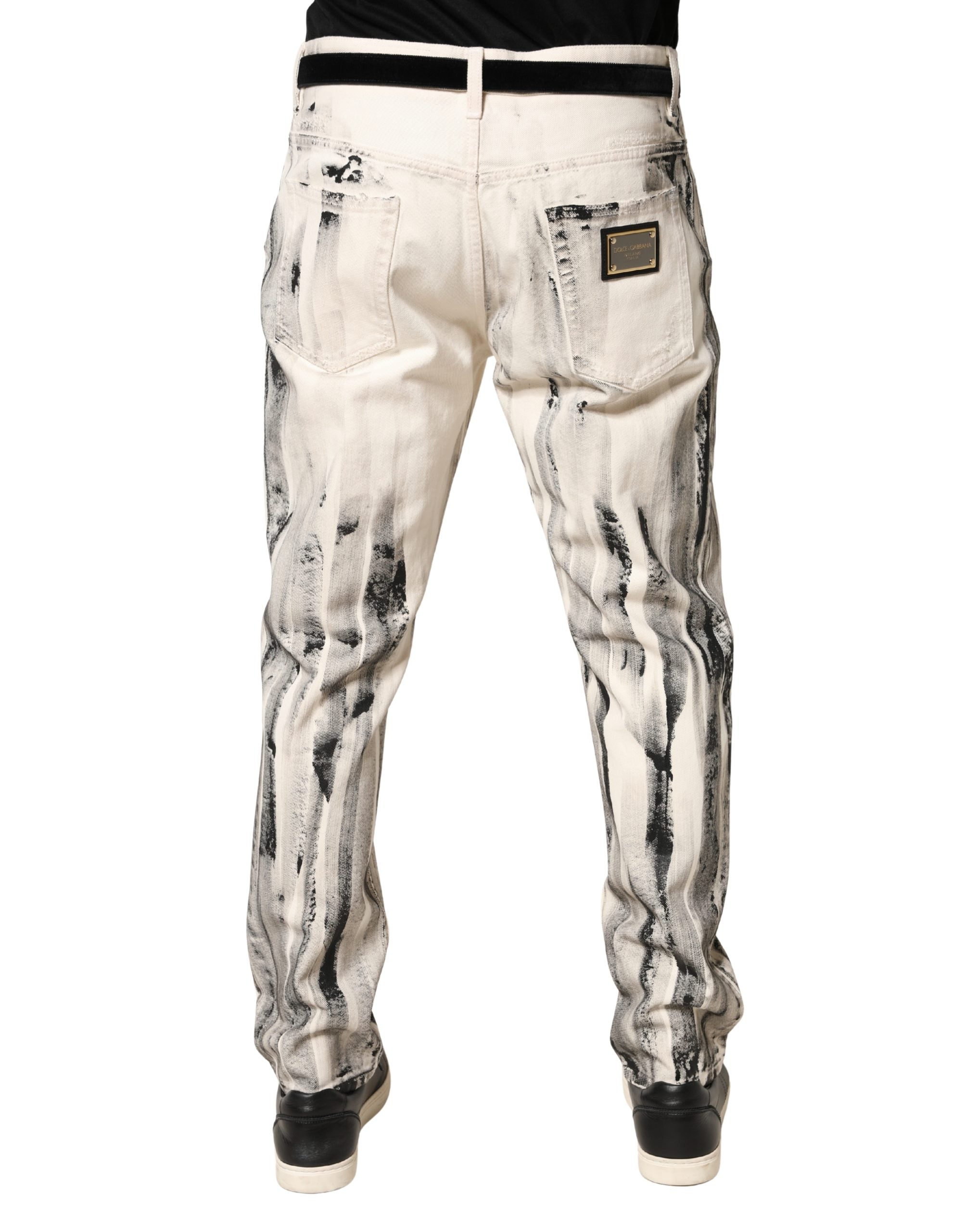 Dolce & Gabbana White Distressed Paint Print LooseDenim Men's Jeans