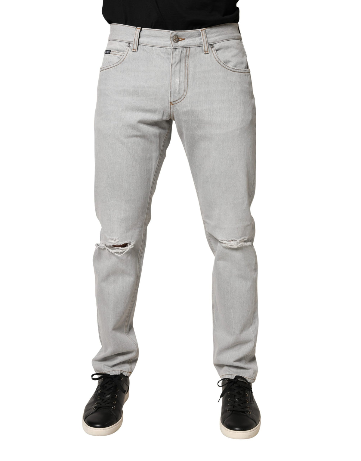 Dolce & Gabbana Light Gray Ripped Cotton Regular Denim Men's Jeans