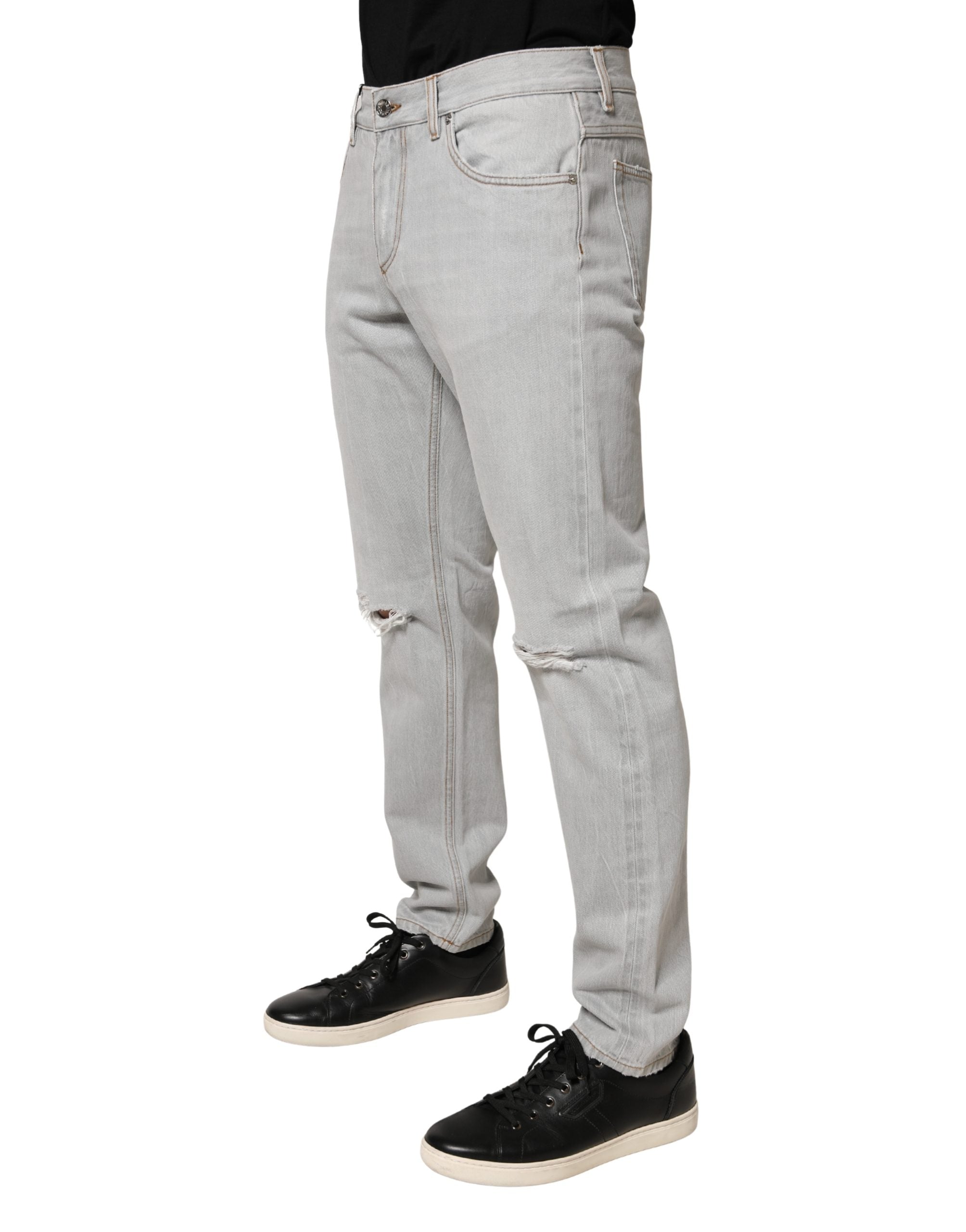 Dolce & Gabbana Light Gray Ripped Cotton Regular Denim Men's Jeans