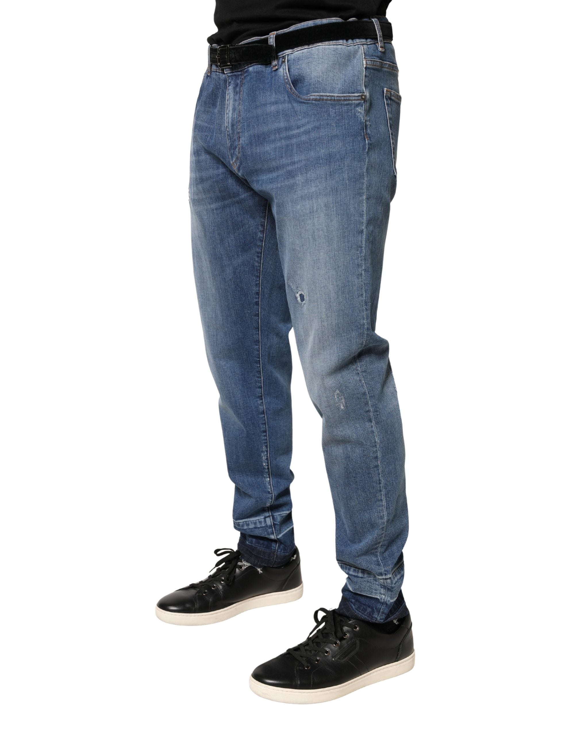Dolce & Gabbana Blue Tattered Skinny Cotton Denim Men's Jeans