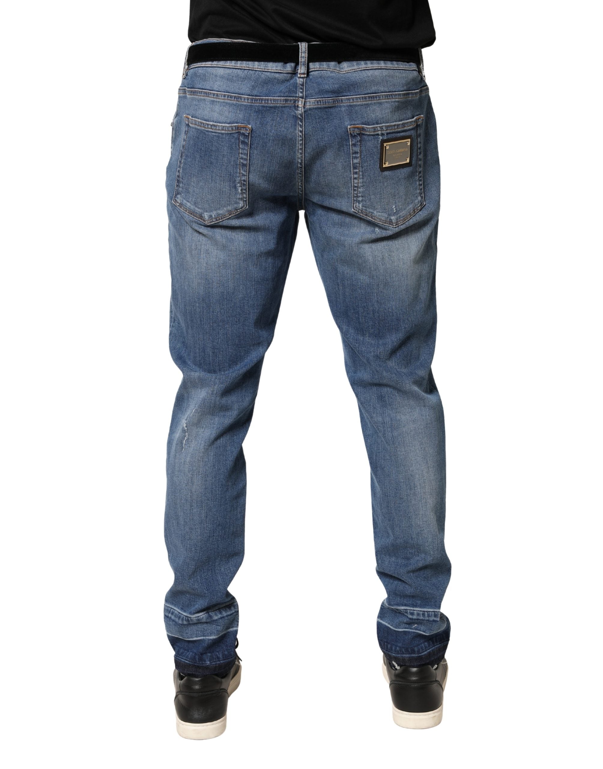 Dolce & Gabbana Blue Tattered Skinny Cotton Denim Men's Jeans