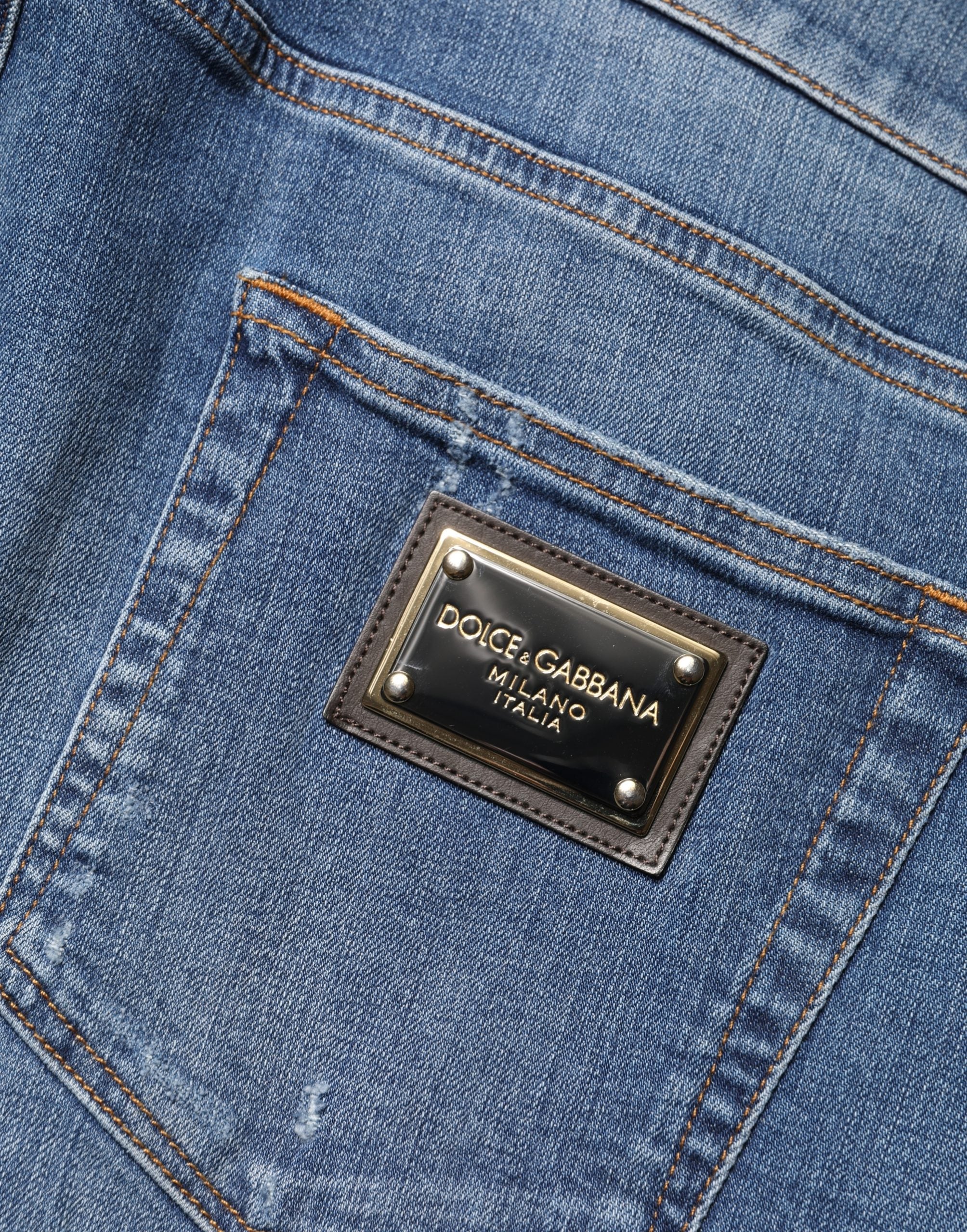 Dolce & Gabbana Blue Tattered Skinny Cotton Denim Men's Jeans