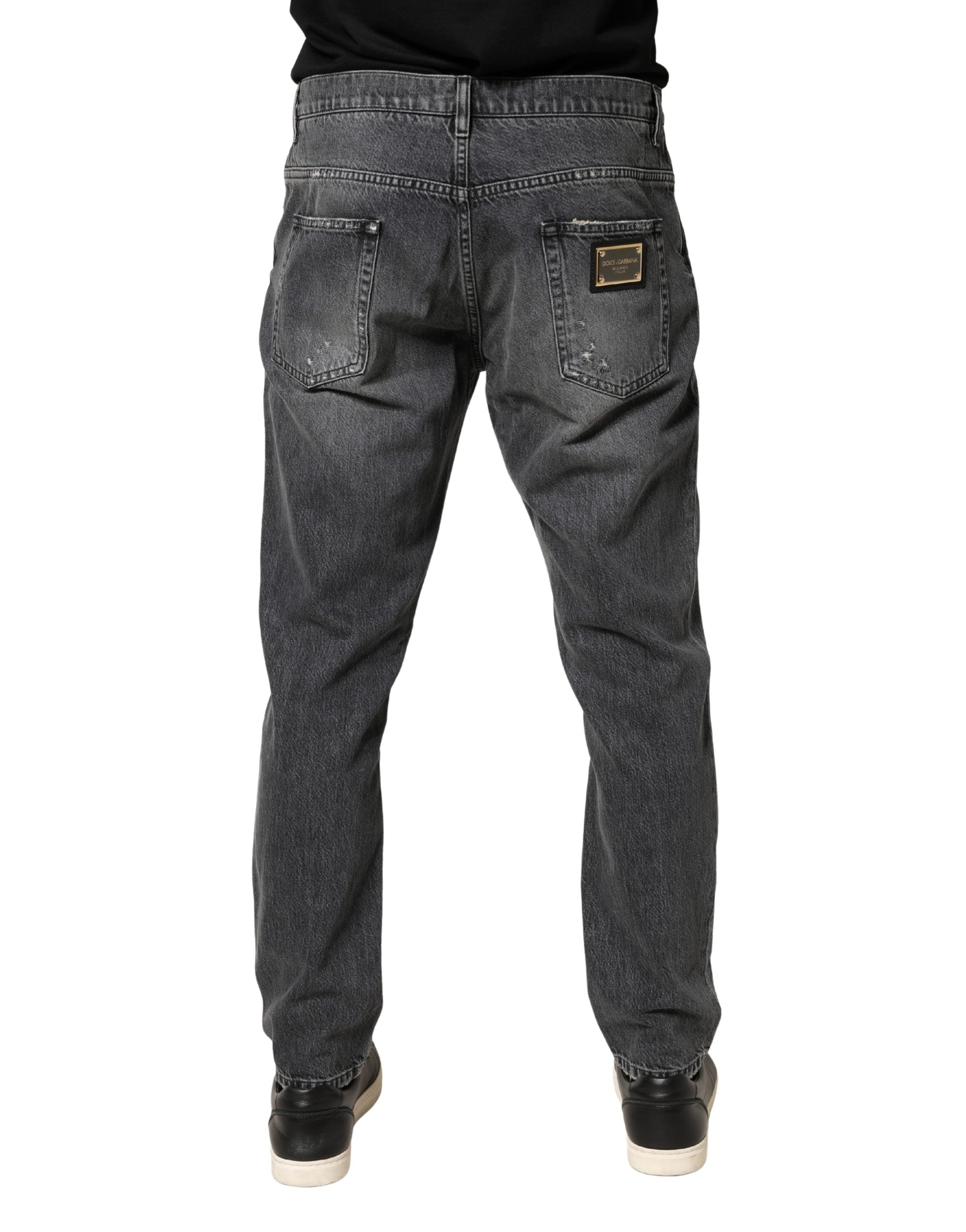 Dolce & Gabbana Dark Gray Tattered Cotton Loose Denim Men's Jeans