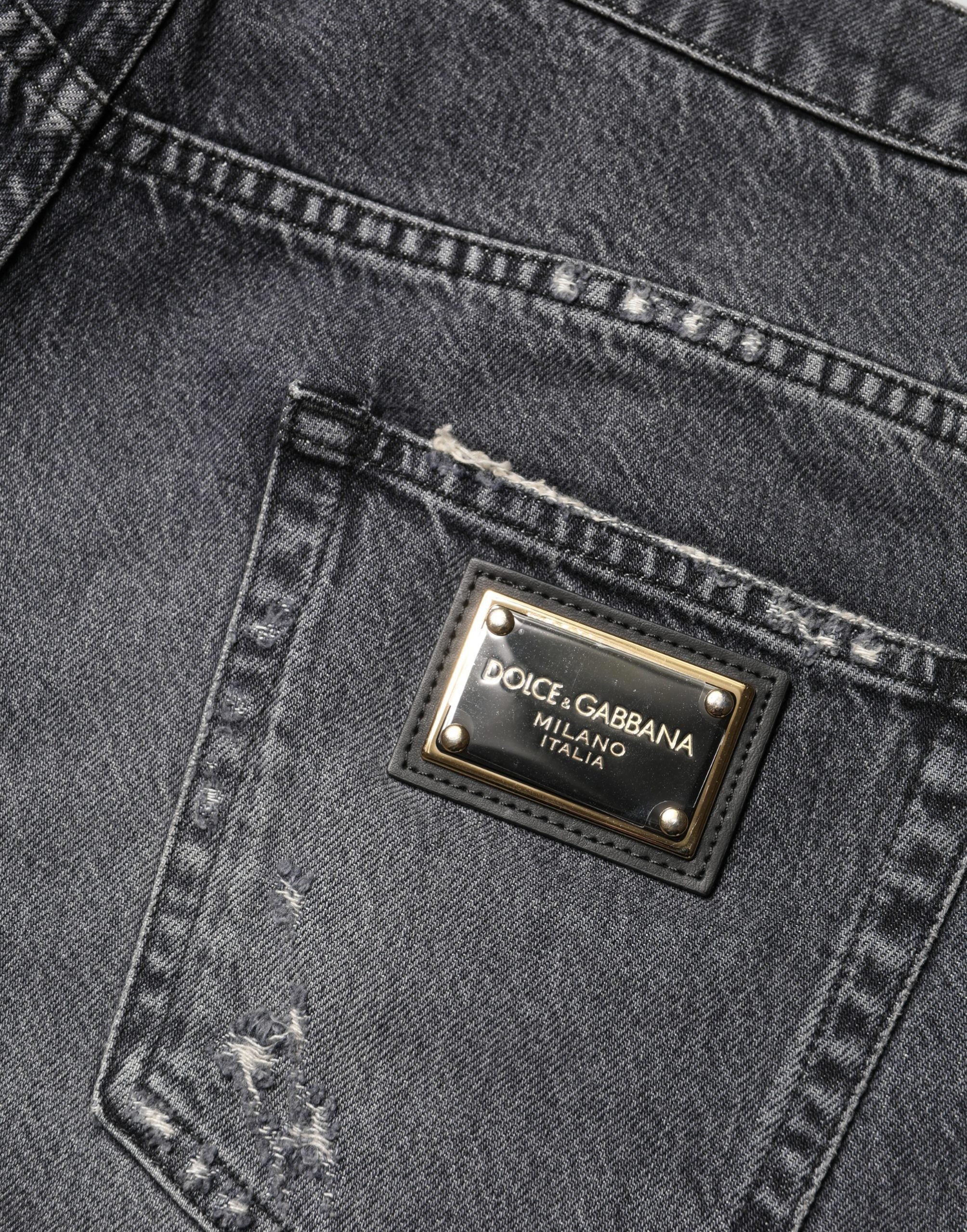 Dolce & Gabbana Dark Gray Tattered Cotton Loose Denim Men's Jeans