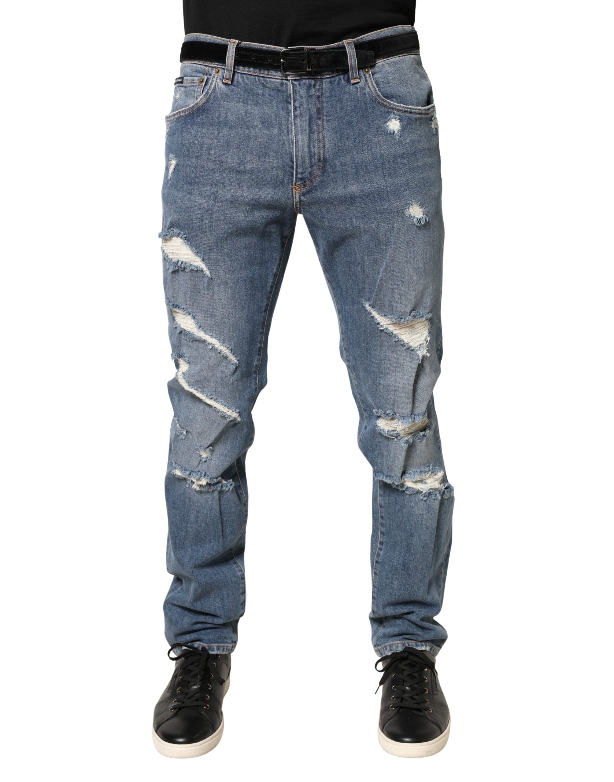 Dolce & Gabbana Blue Tattered Slim Fit Cotton Denim Men's Jeans