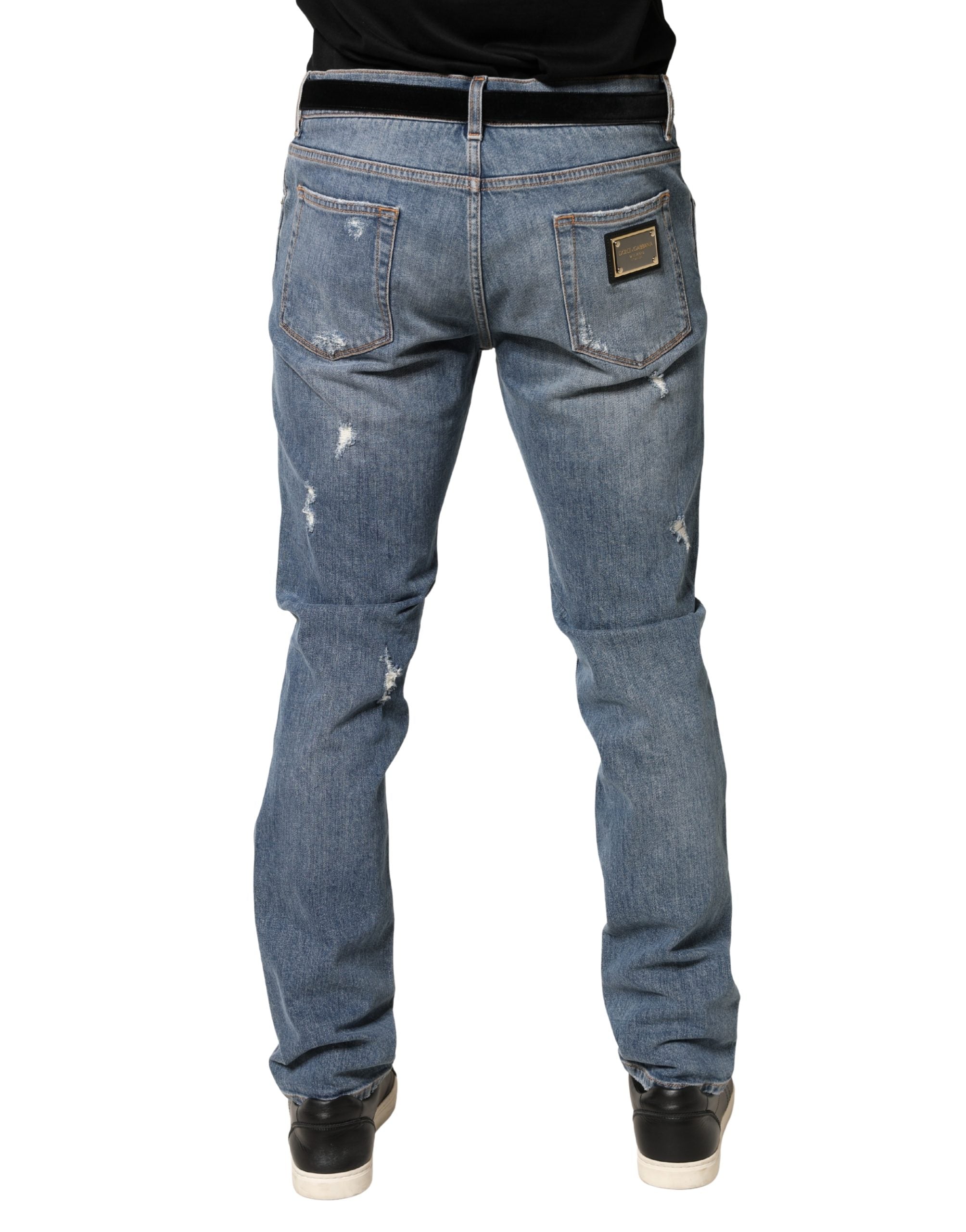Dolce & Gabbana Blue Tattered Slim Fit Cotton Denim Men's Jeans