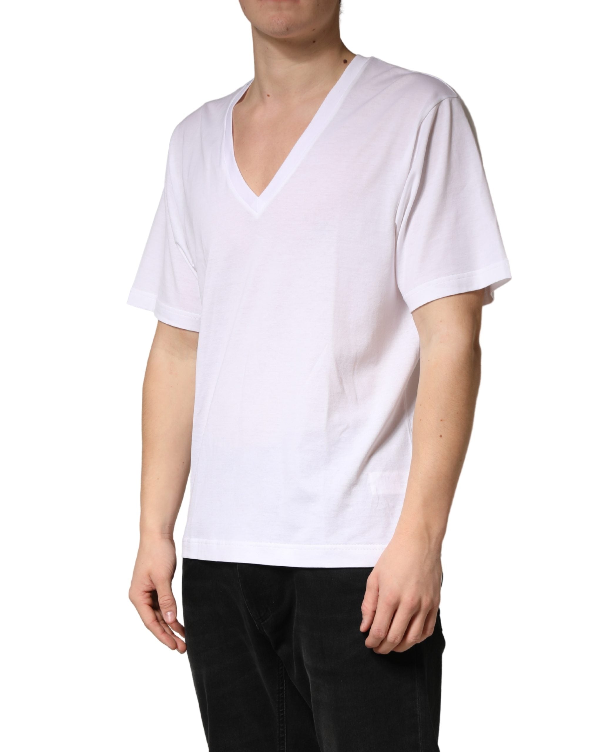 Dolce & Gabbana White Cotton Plain V-Neck Men Shirt Men's T-shirt