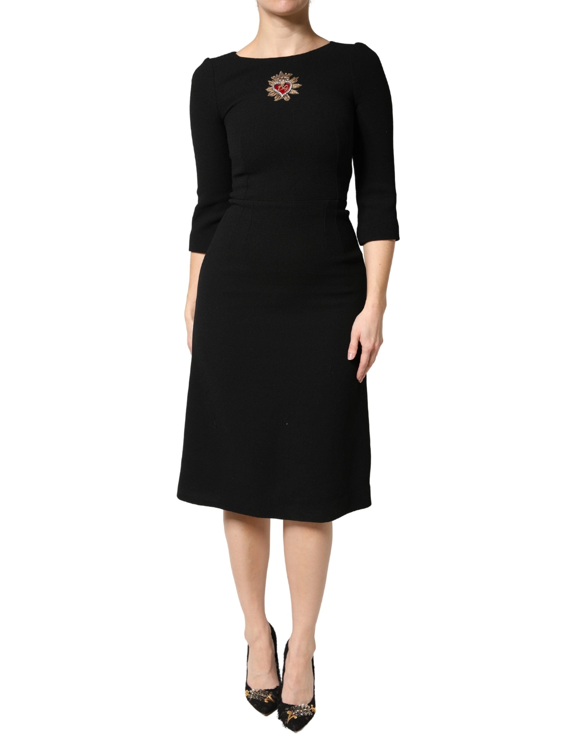 Dolce & Gabbana Black Wool Sacred Heart Patch Midi Women's Dress (Pre-Owned)