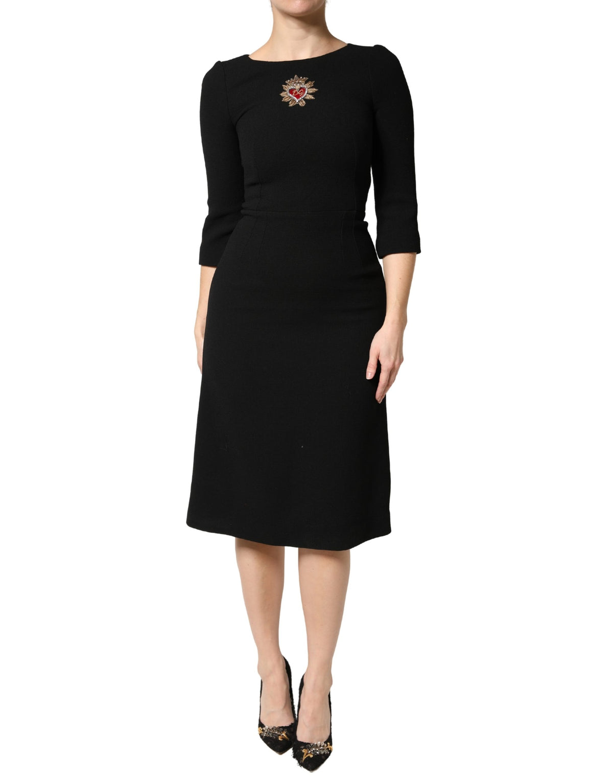 Dolce & Gabbana Black Wool Sacred Heart Patch Midi Women's Dress (Pre-Owned)
