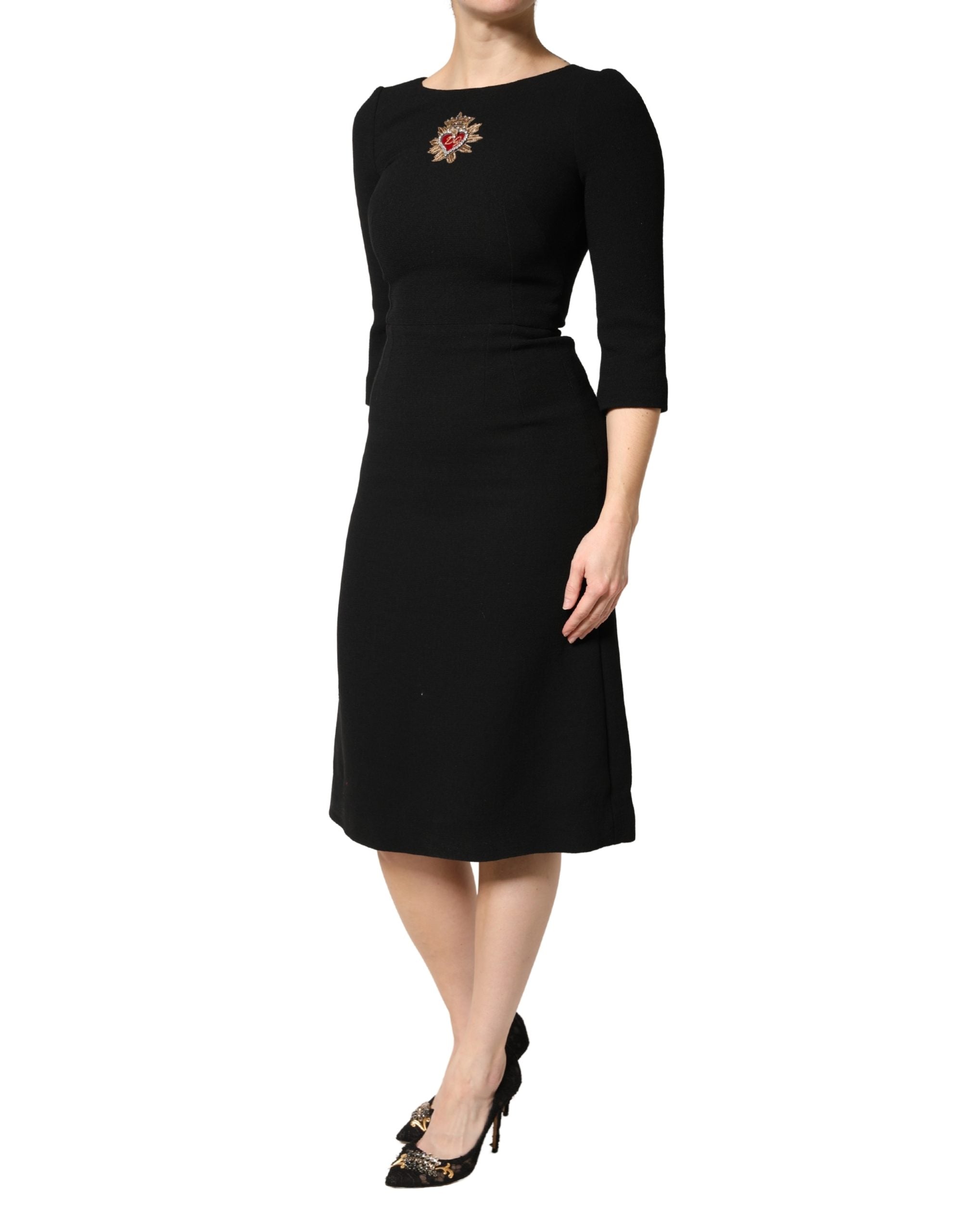 Dolce & Gabbana Black Wool Sacred Heart Patch Midi Women's Dress (Pre-Owned)