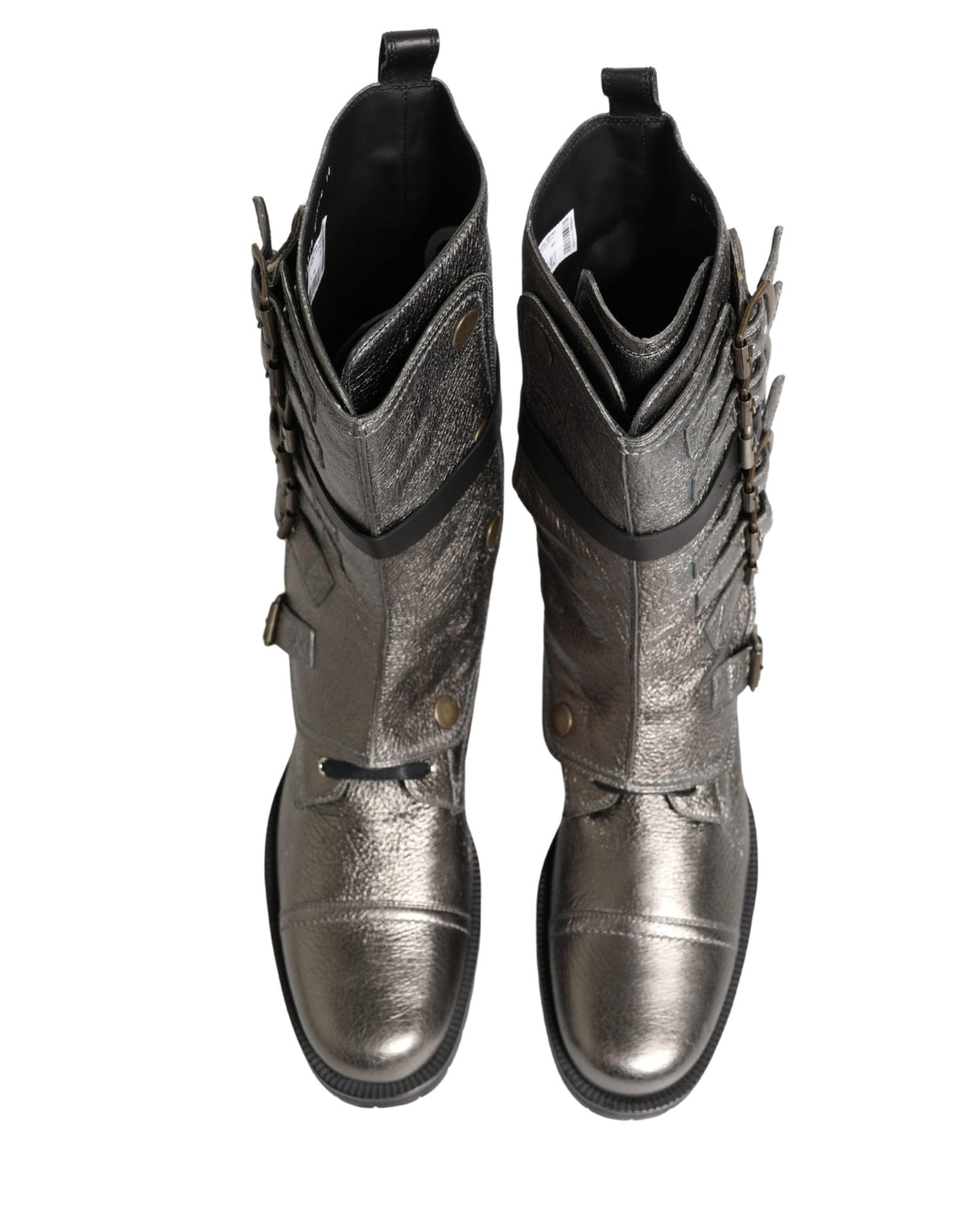 Dolce & Gabbana Metallic Silver Combat Biker Mid Calf Boots Men's Shoes