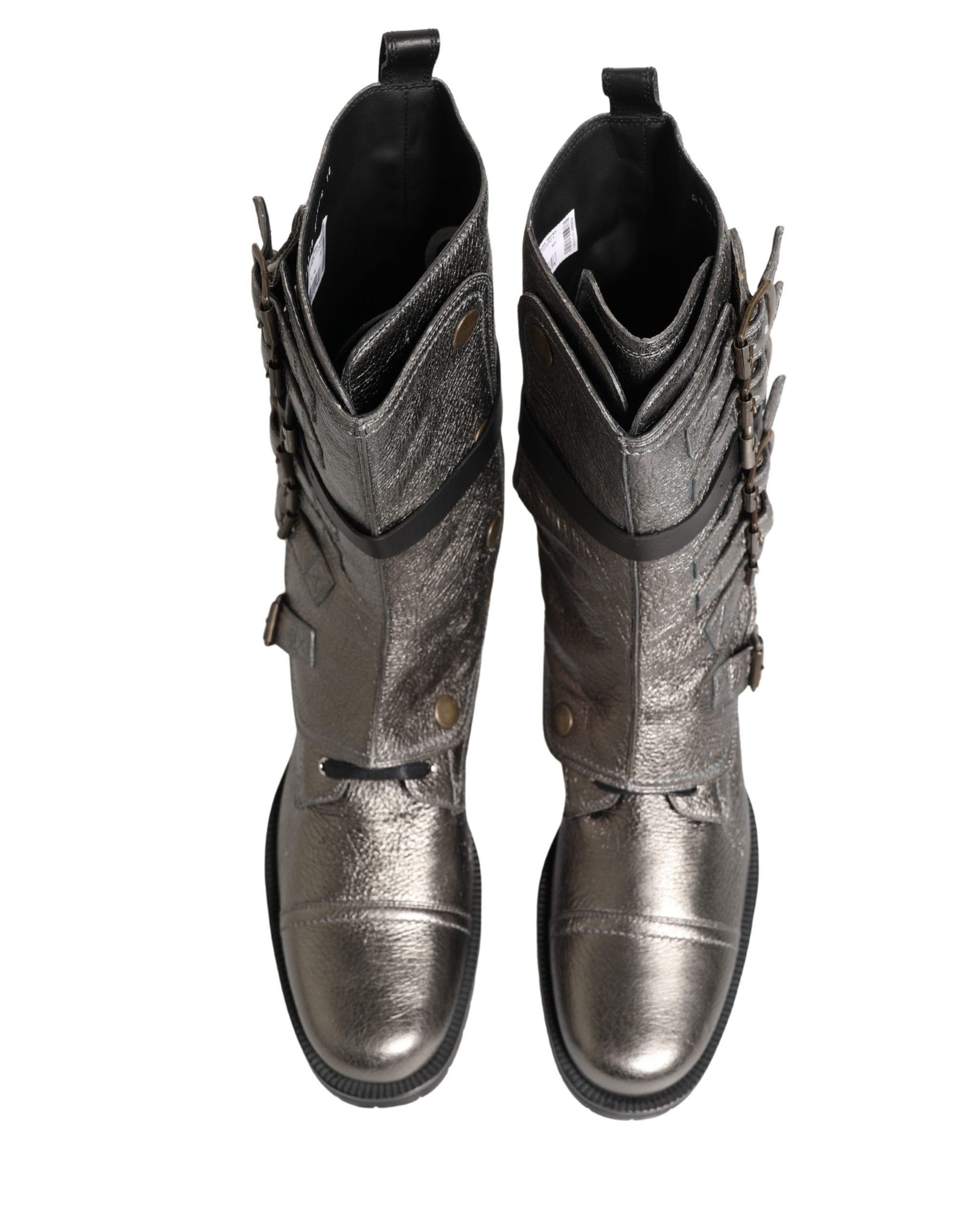 Dolce & Gabbana Metallic Silver Combat Biker Mid Calf Boots Men's Shoes (Pre-Owned)