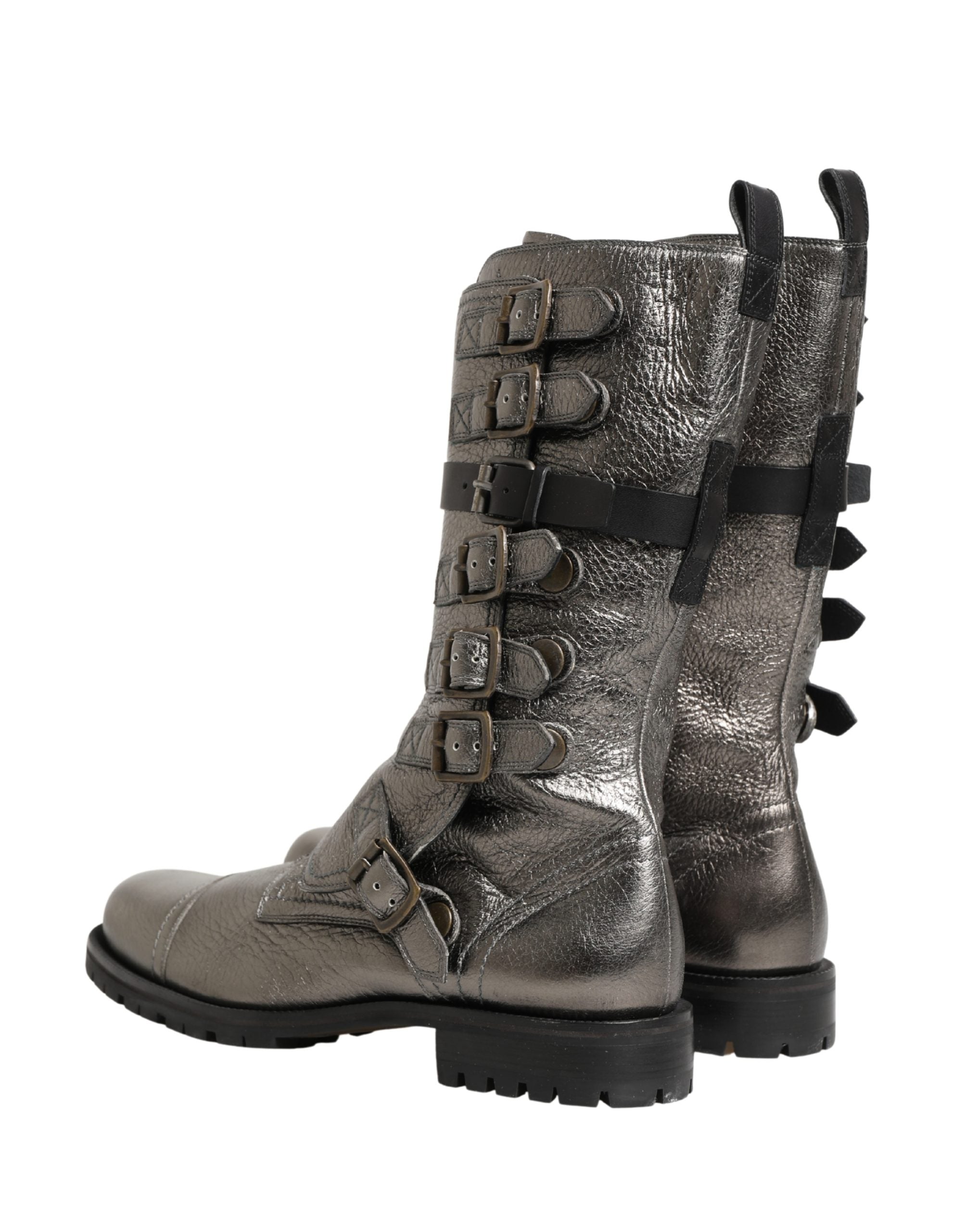 Dolce & Gabbana Metallic Silver Combat Biker Mid Calf Boots Men's Shoes (Pre-Owned)