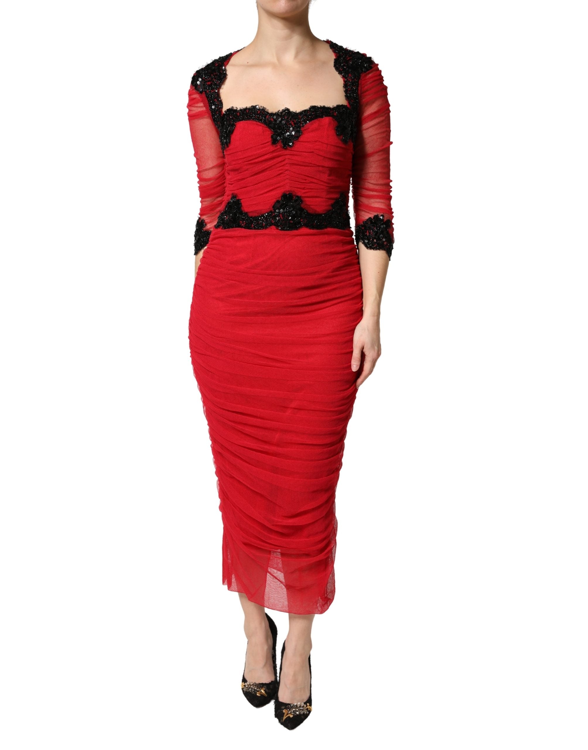 Dolce & Gabbana Red Mesh Trim Bodycon Sheath Midi Women's Dress (Pre-Owned)