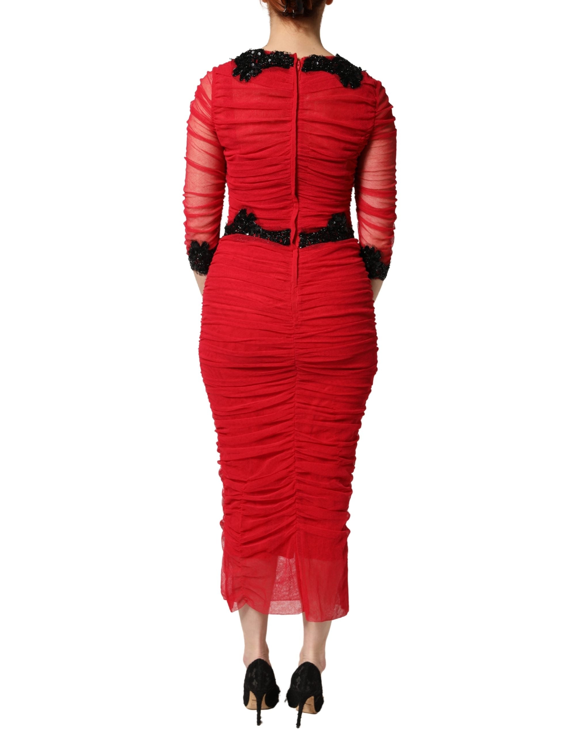 Dolce & Gabbana Red Mesh Trim Bodycon Sheath Midi Women's Dress (Pre-Owned)