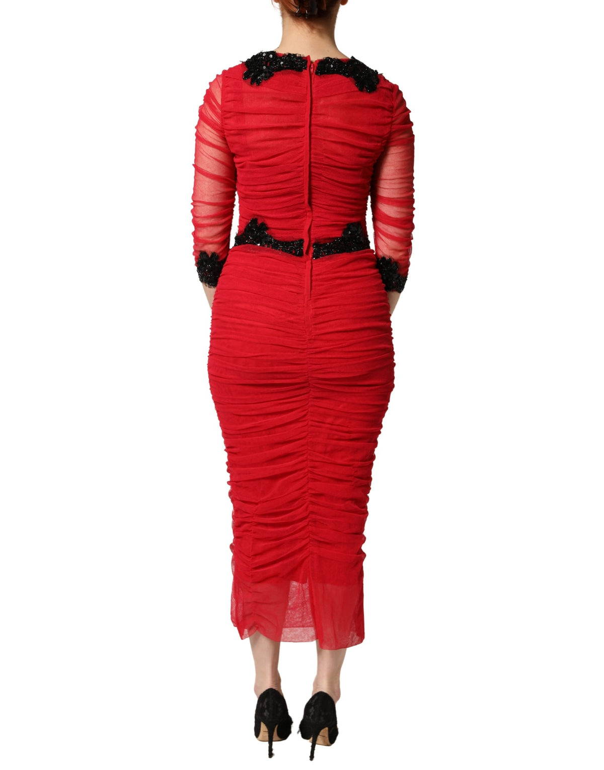 Dolce & Gabbana Red Mesh Trim Bodycon Sheath Midi Women's Dress (Pre-Owned)