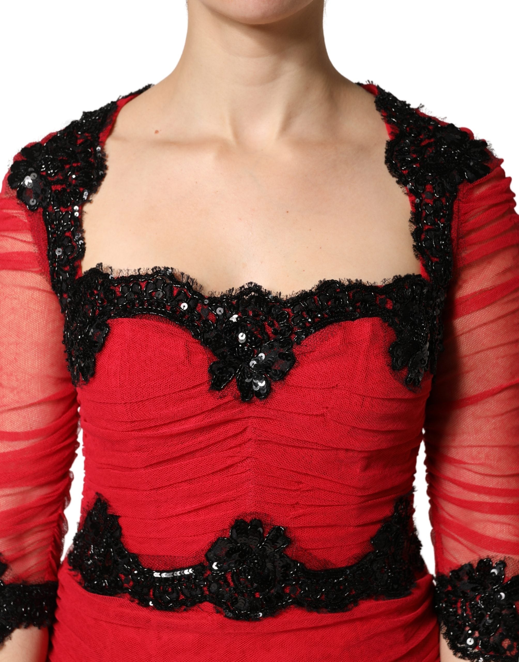 Dolce & Gabbana Red Mesh Trim Bodycon Sheath Midi Women's Dress (Pre-Owned)