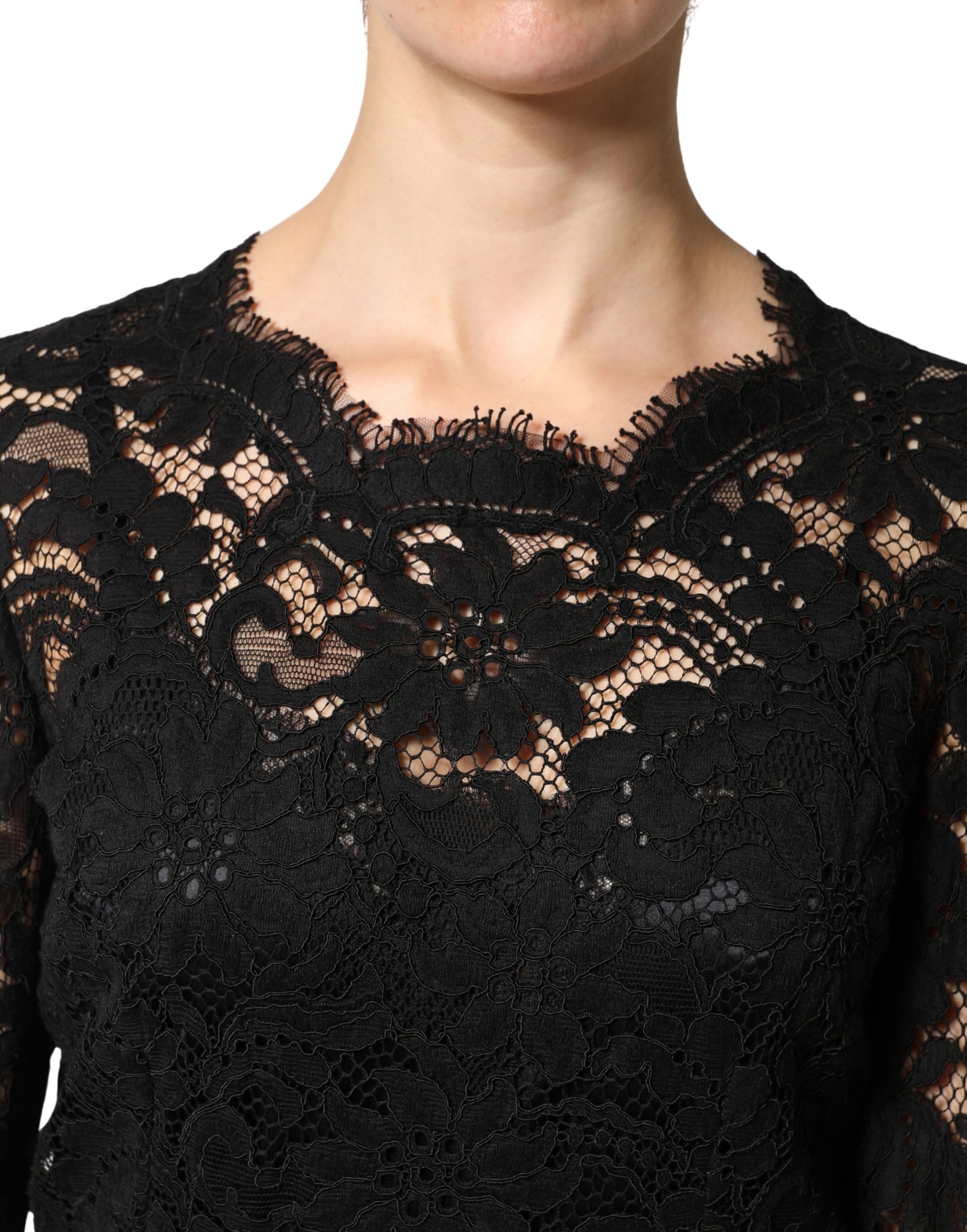 Dolce & Gabbana Black Lace Long Sleeves Cotton Maxi Women's Dress