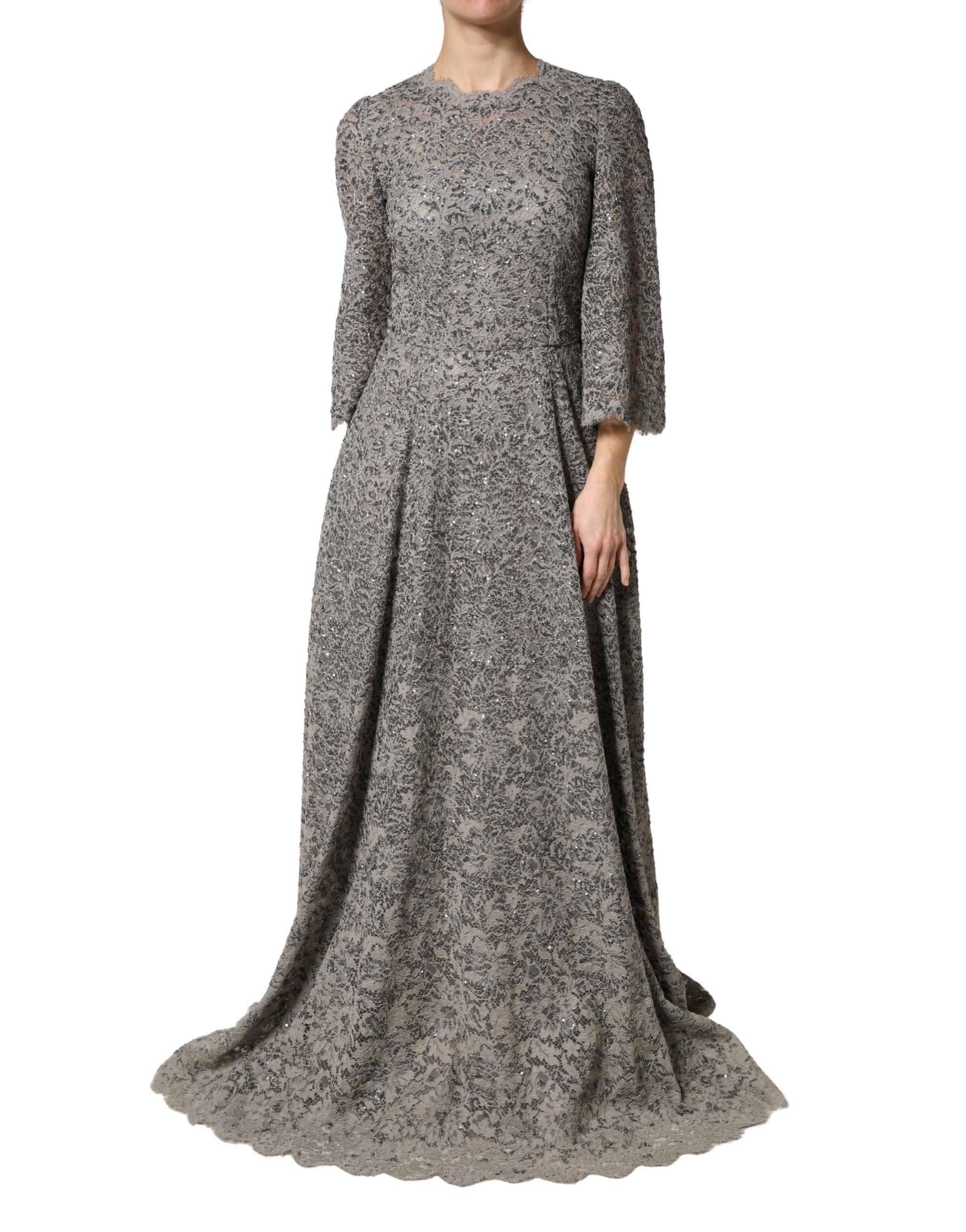 Dolce & Gabbana Gray Lace Long Sleeves Cotton Maxi Women's Dress