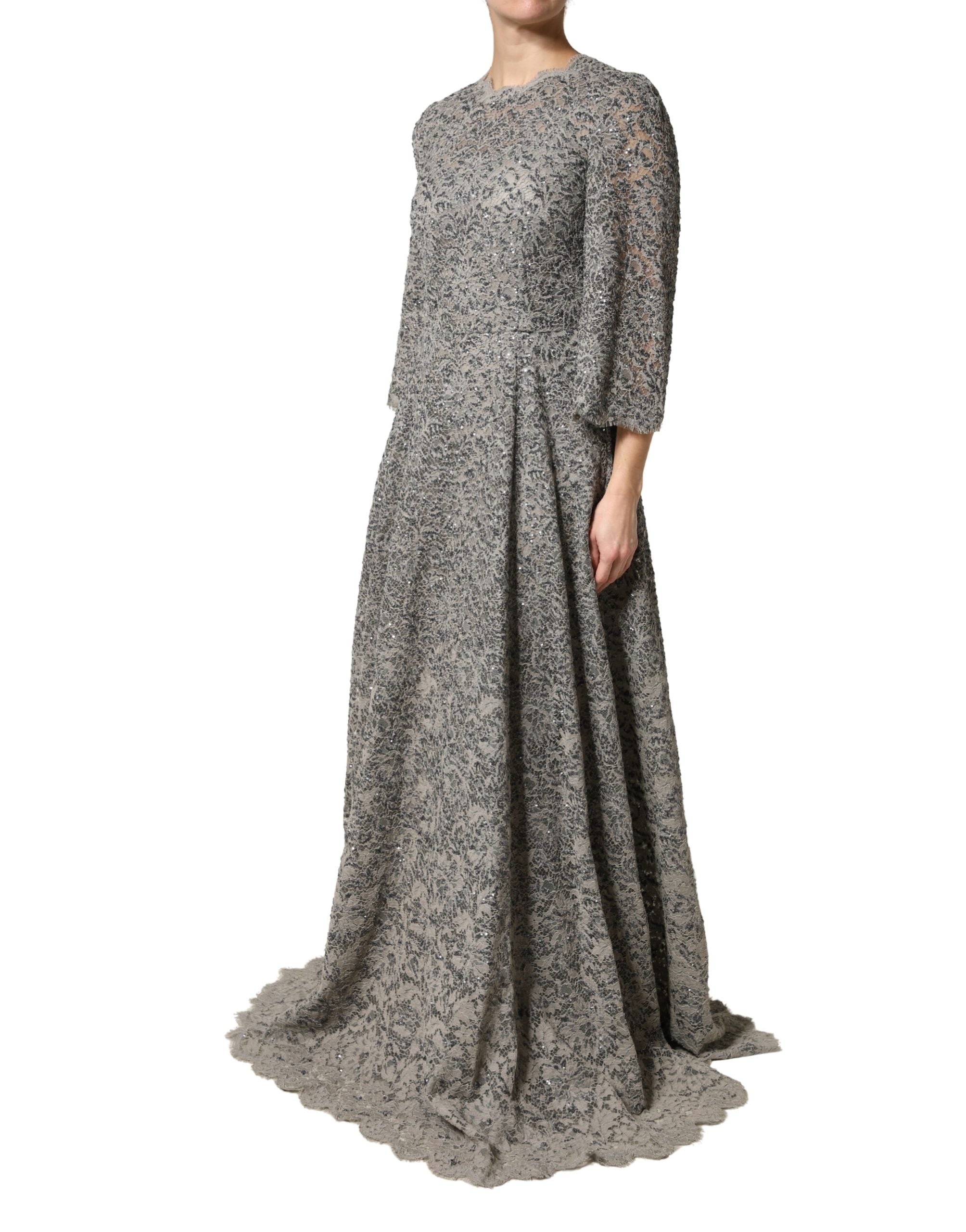 Dolce & Gabbana Gray Lace Long Sleeves Cotton Maxi Women's Dress