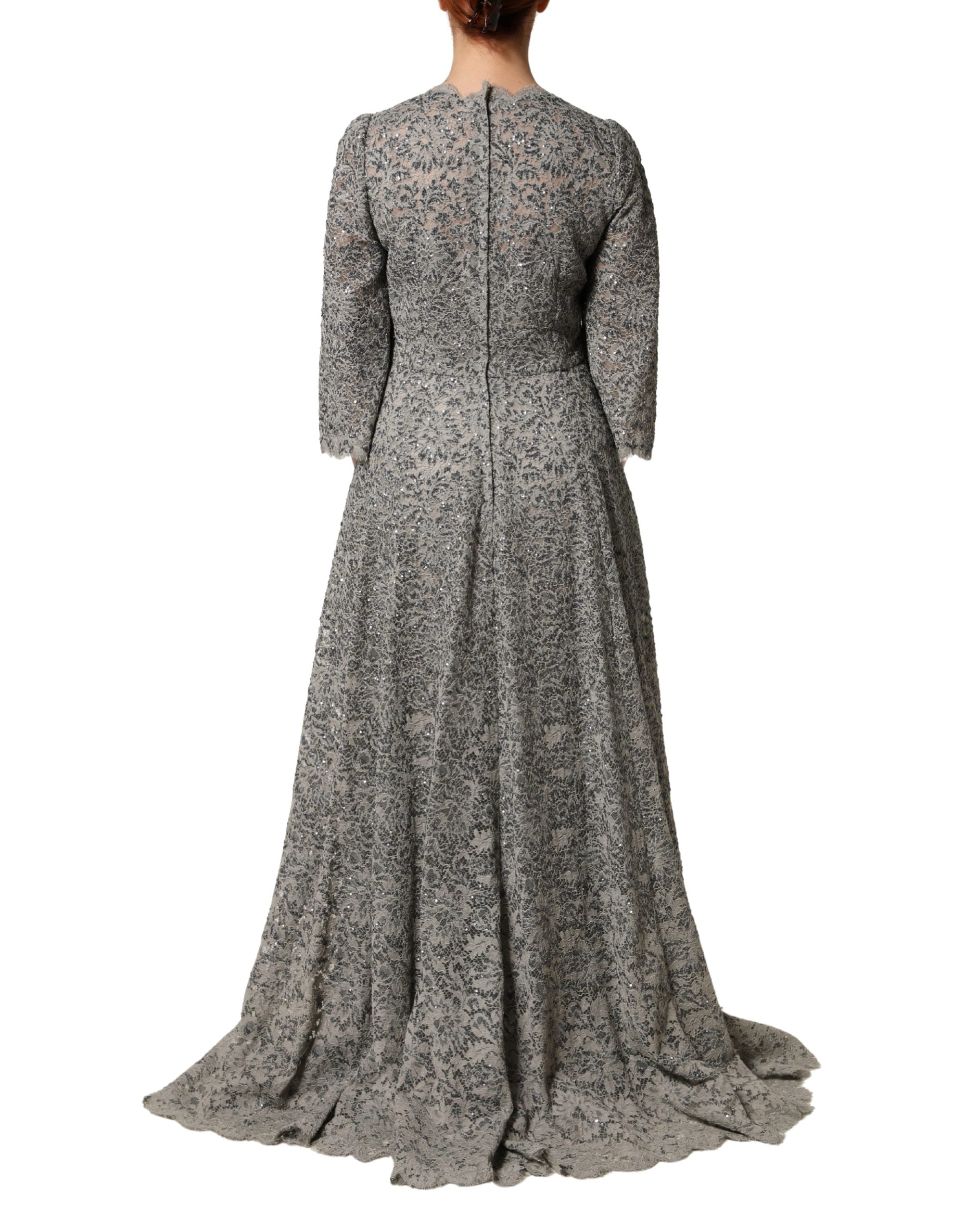 Dolce & Gabbana Gray Lace Long Sleeves Cotton Maxi Women's Dress