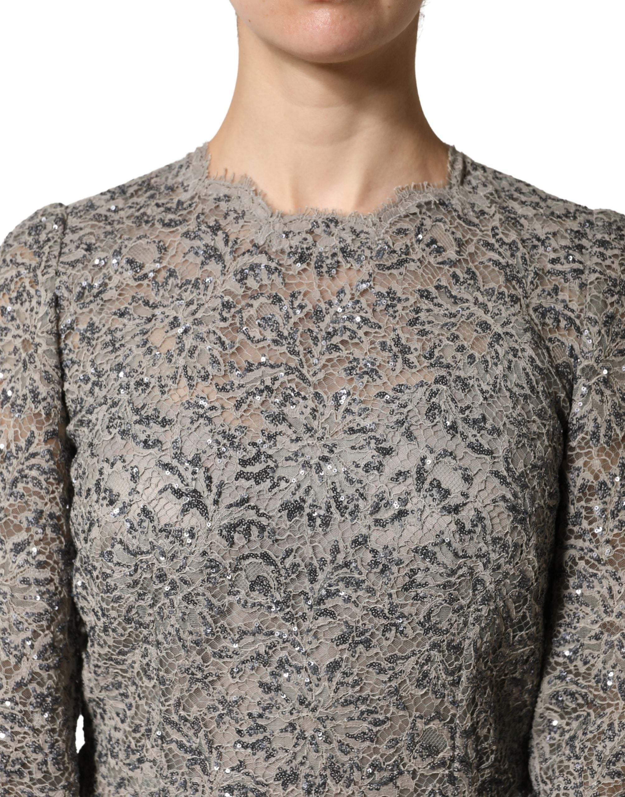 Dolce & Gabbana Gray Lace Long Sleeves Cotton Maxi Women's Dress