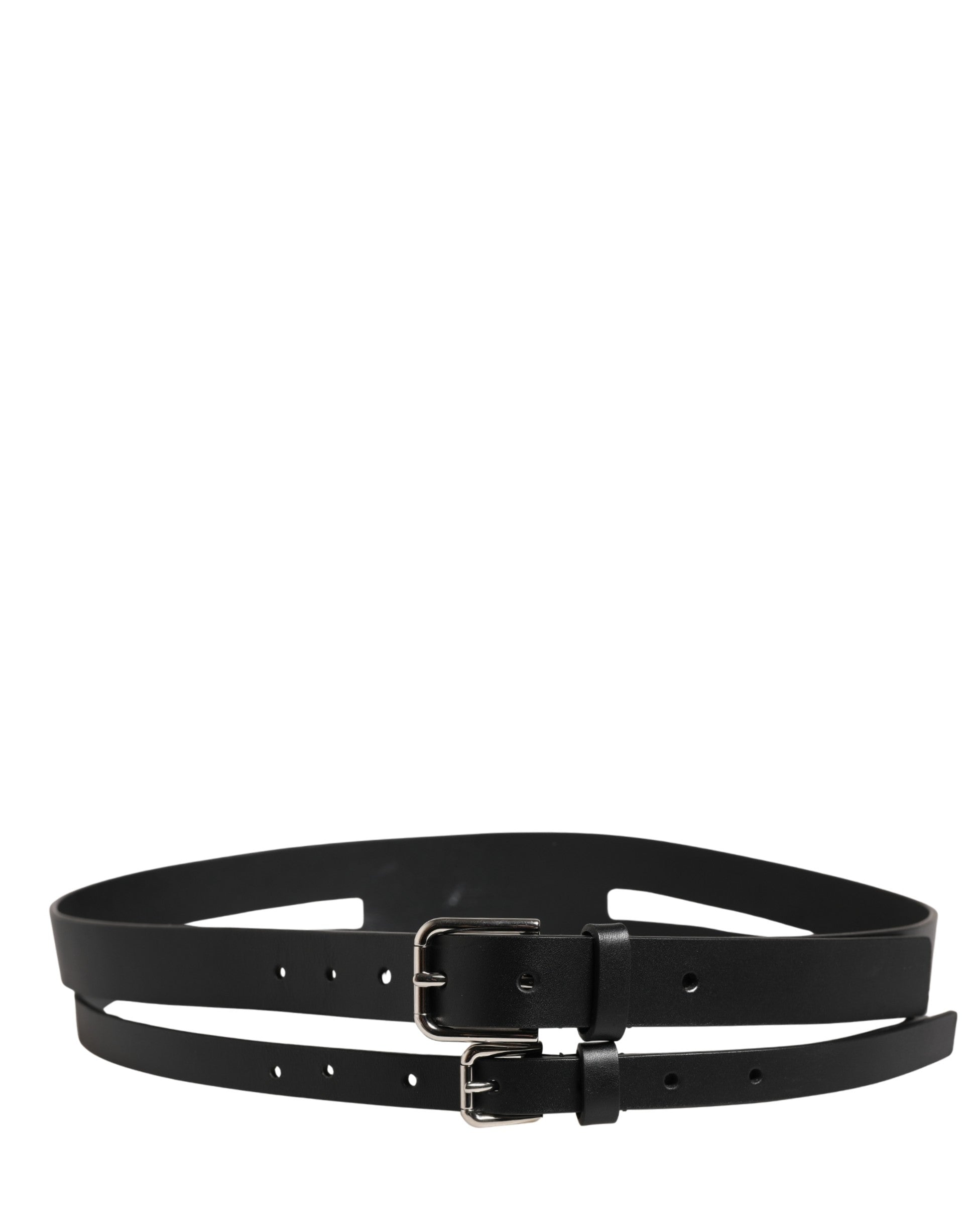 Dolce & Gabbana Black Double Strap Leather Silver Buckle Men's Belt (Pre-Owned)