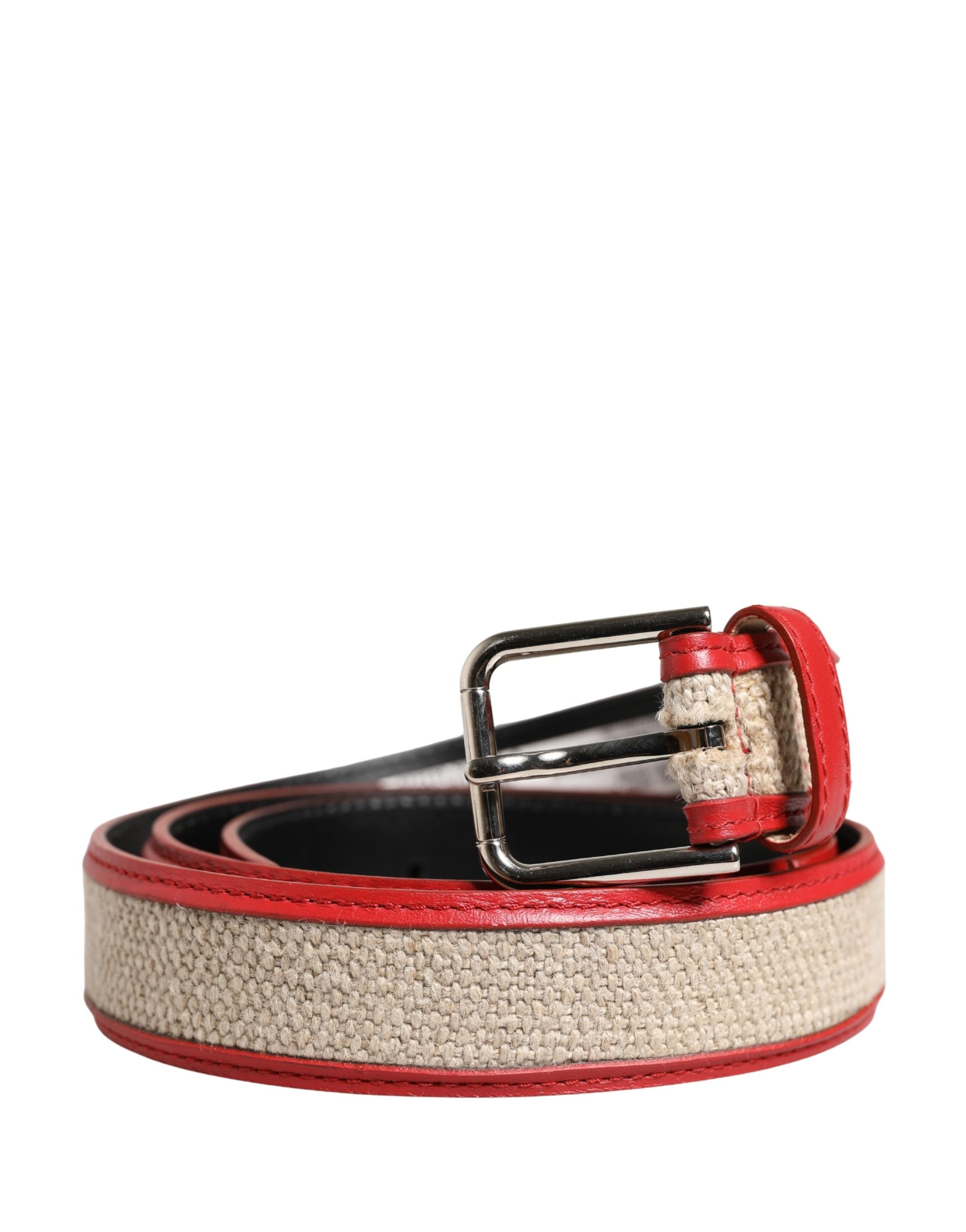 Dolce & Gabbana Men Beige Red Woven Leather Metal Buckle Men's Belt