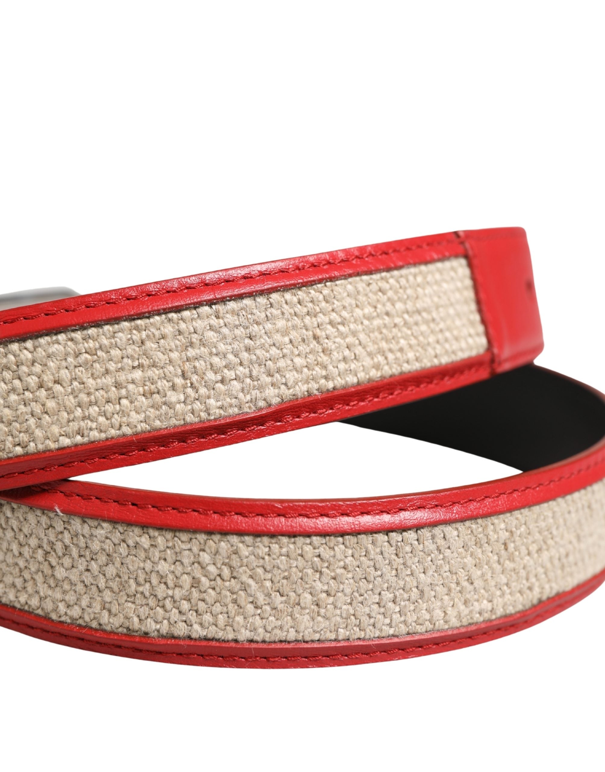 Dolce & Gabbana Men Beige Red Woven Leather Metal Buckle Men's Belt