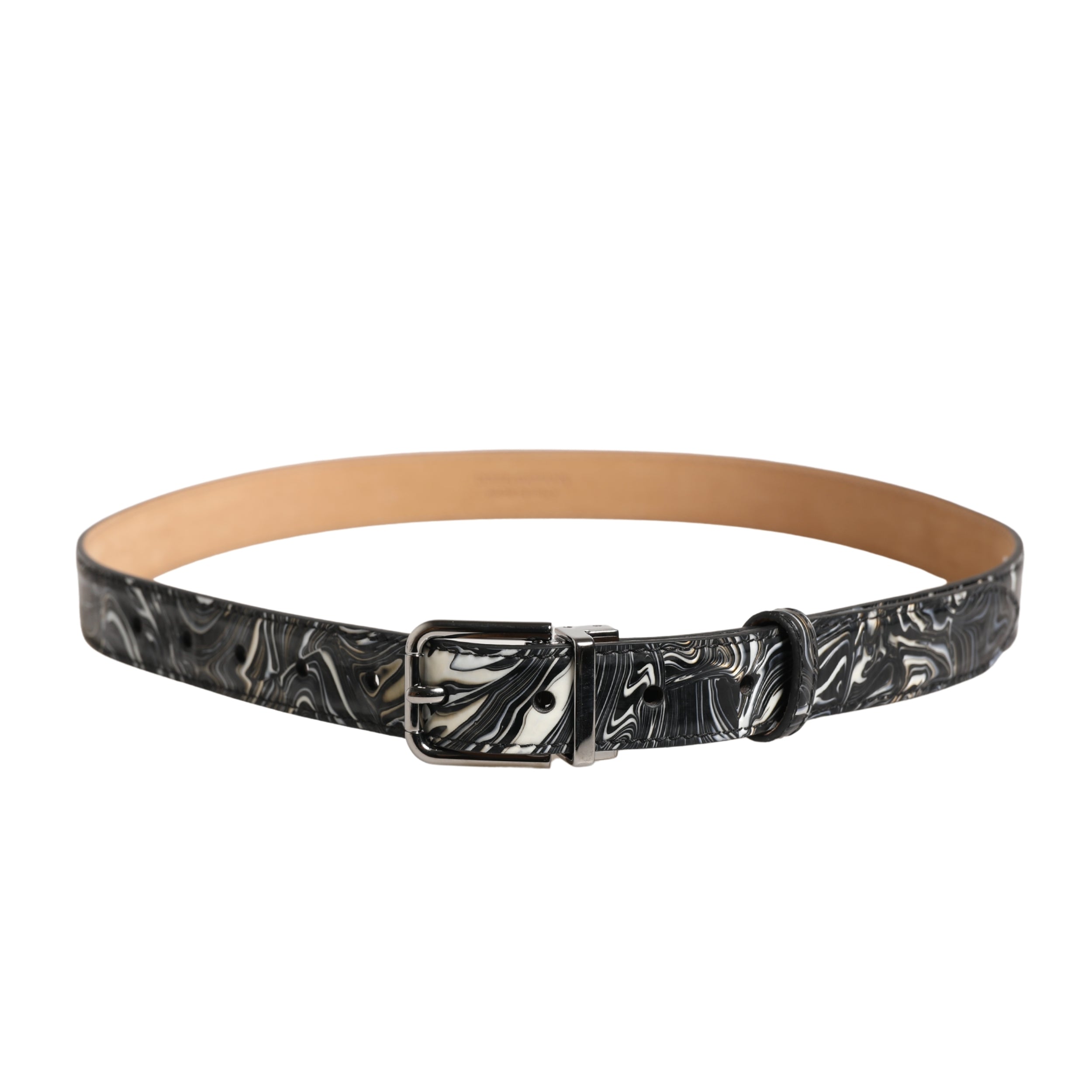 Dolce & Gabbana Men Black Marble Leather Metal Buckle Men's Belt