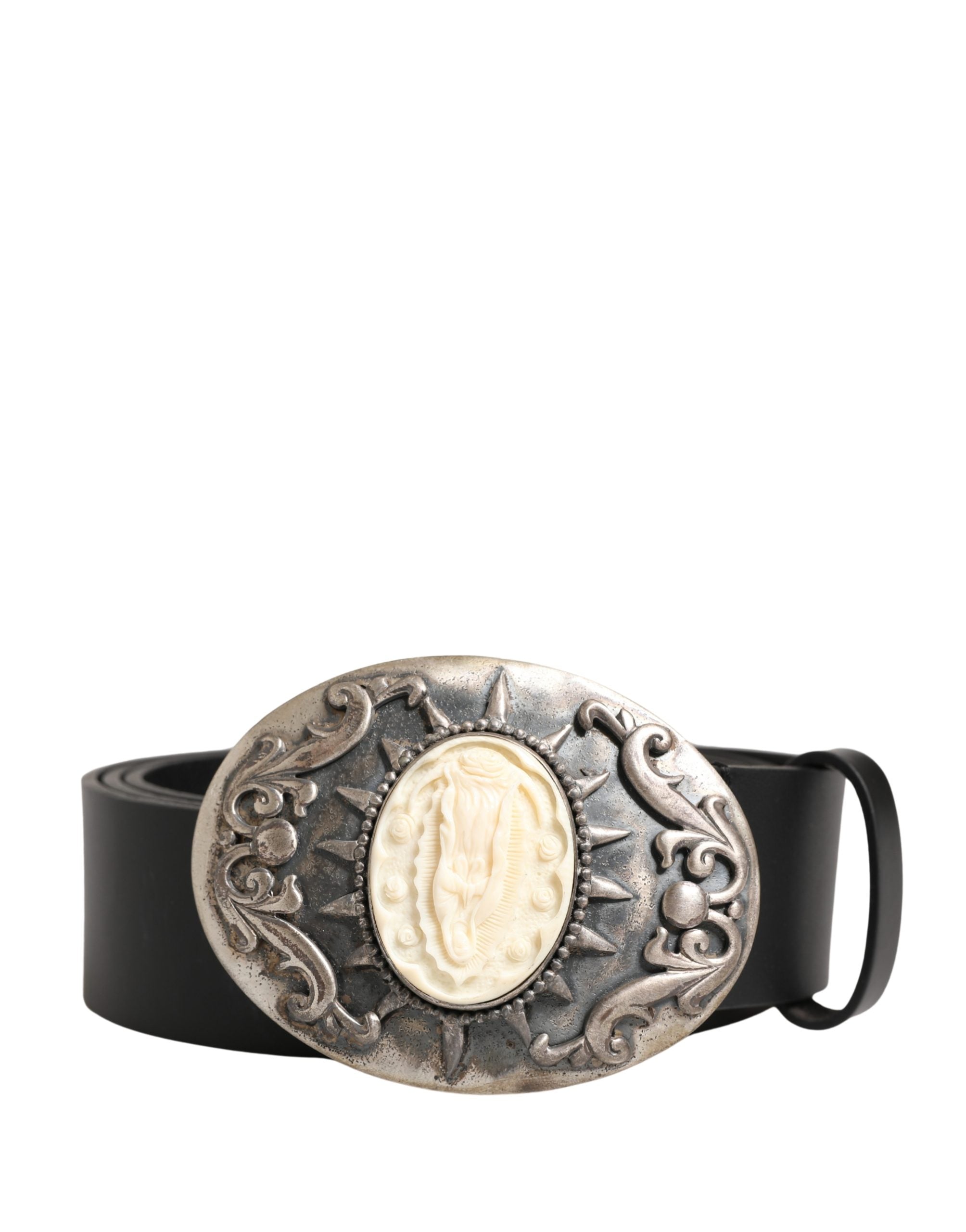 Dolce & Gabbana Black Calf Leather Ornate Metal Buckle Men's Belt