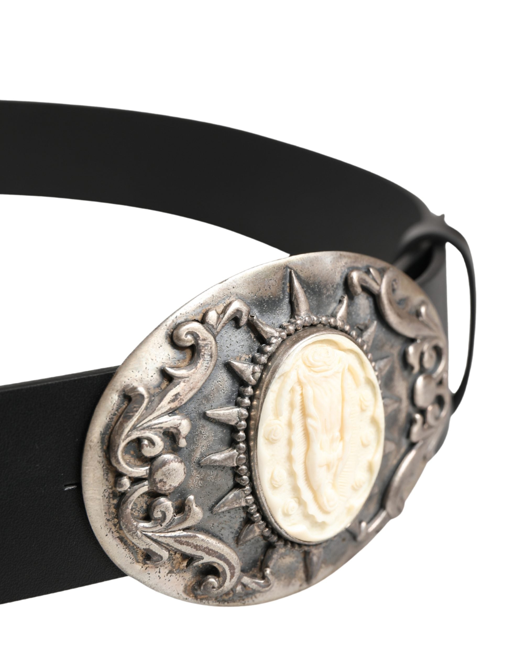 Dolce & Gabbana Black Calf Leather Ornate Metal Buckle Men's Belt