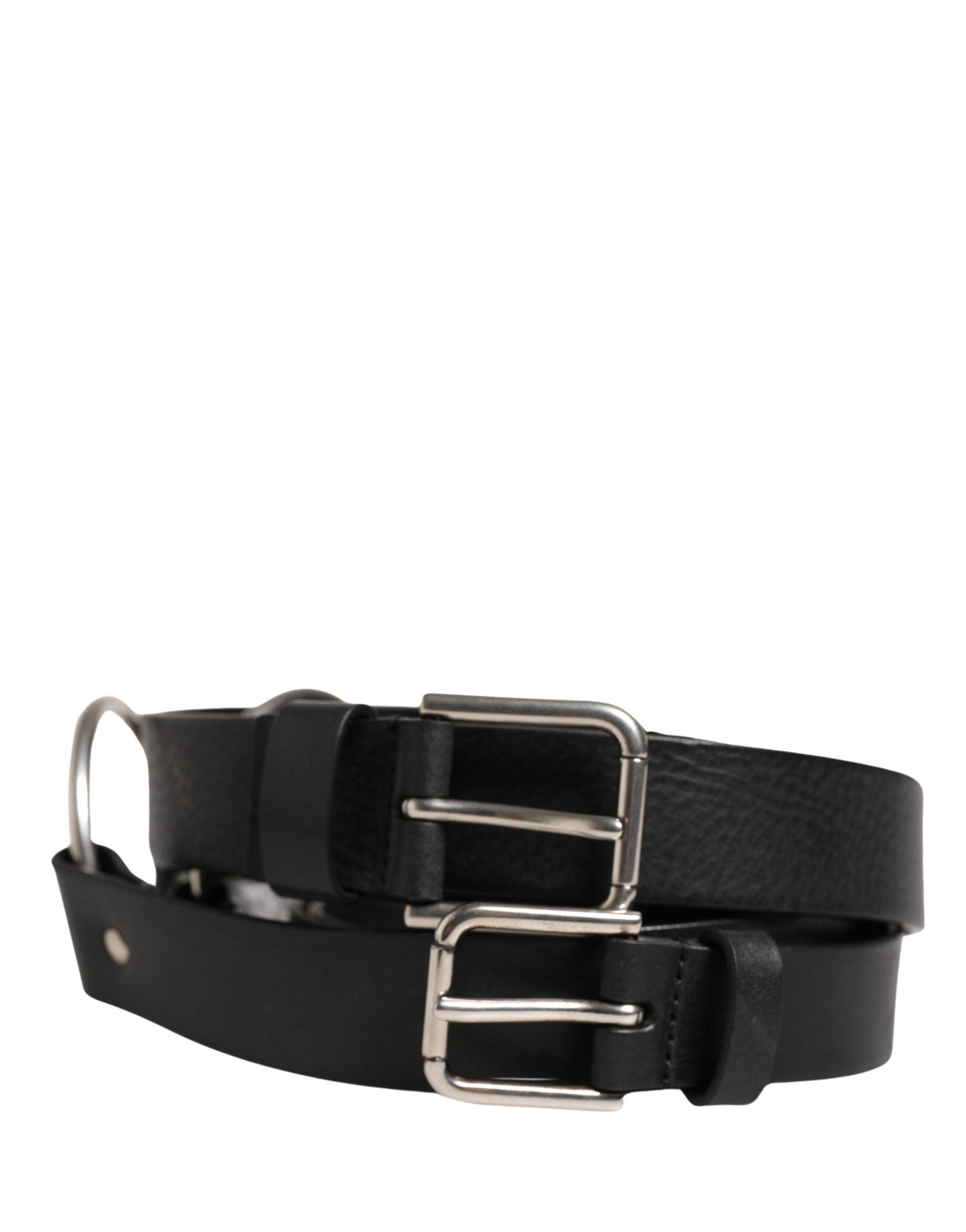 Dolce & Gabbana Black Double Strap Leather Silver Buckle Men's Belt