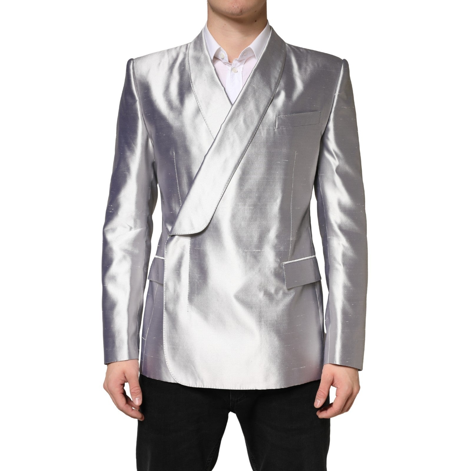 Dolce & Gabbana Silver SICILIA Silk Double Breasted Men's Blazer