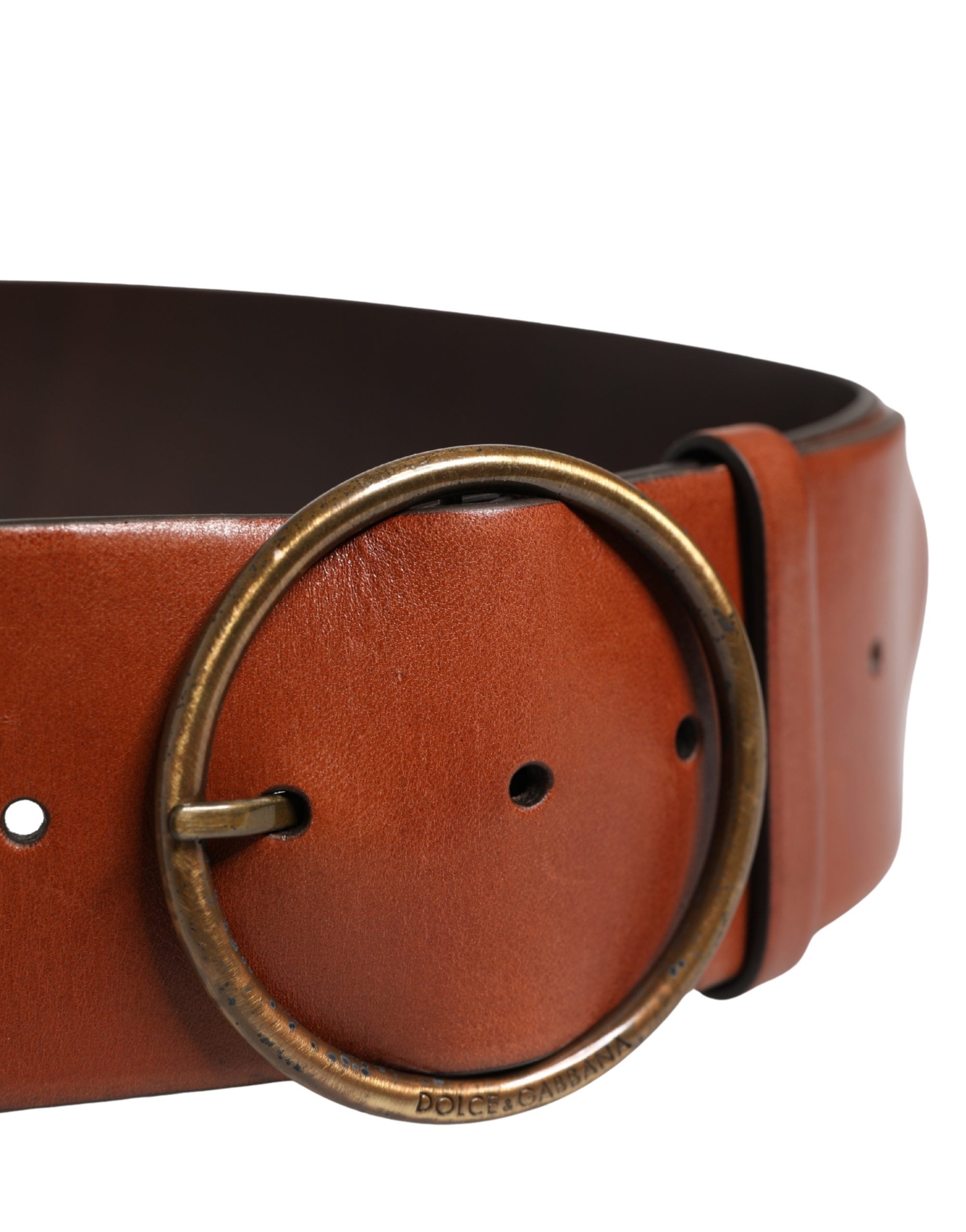 Dolce & Gabbana Men Brown Leather Wide Waist Metal Round Buckle Men's Belt