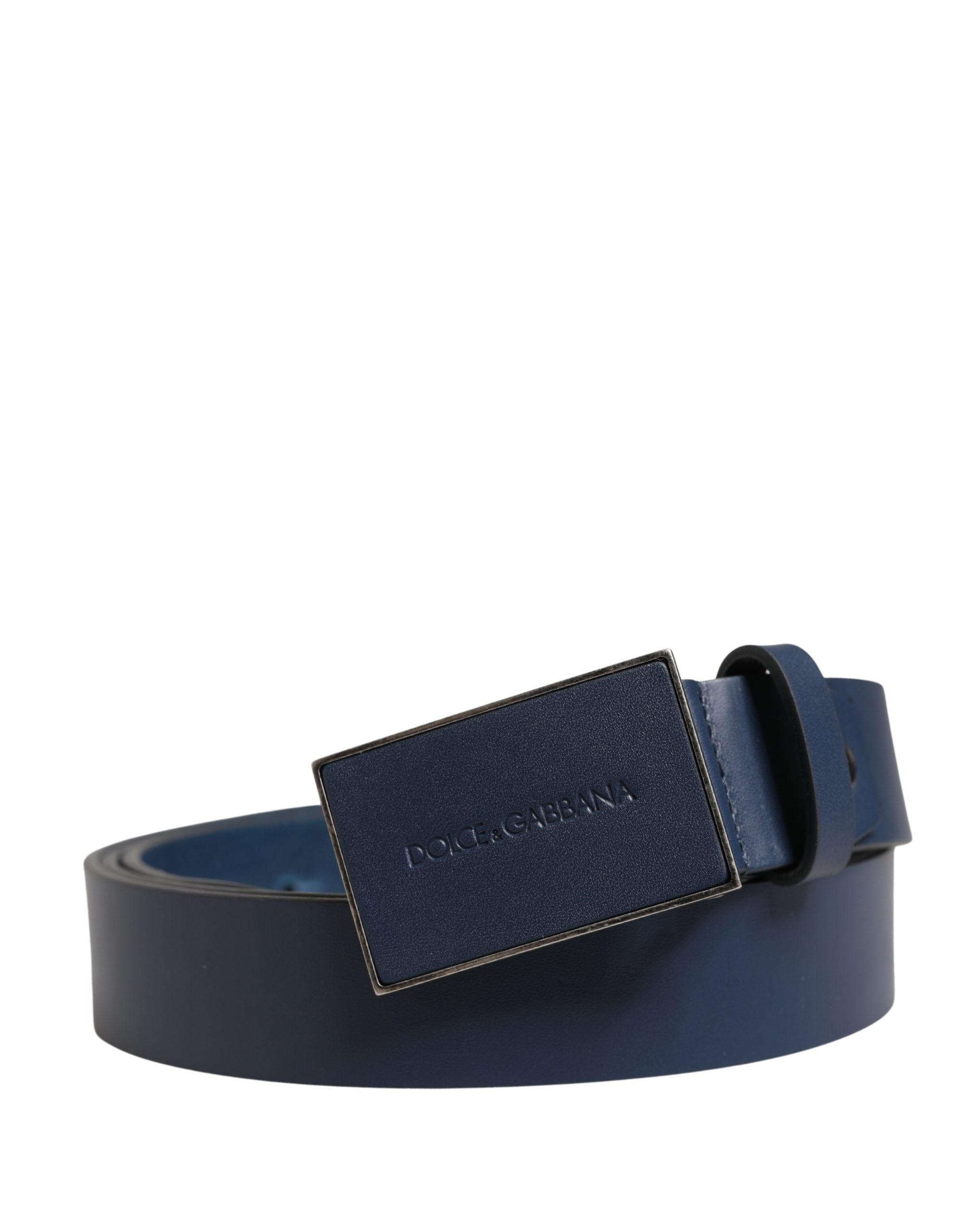 Dolce & Gabbana Men Blue Calf Leather Logo Metal Buckle Men's Belt (Pre-Owned)