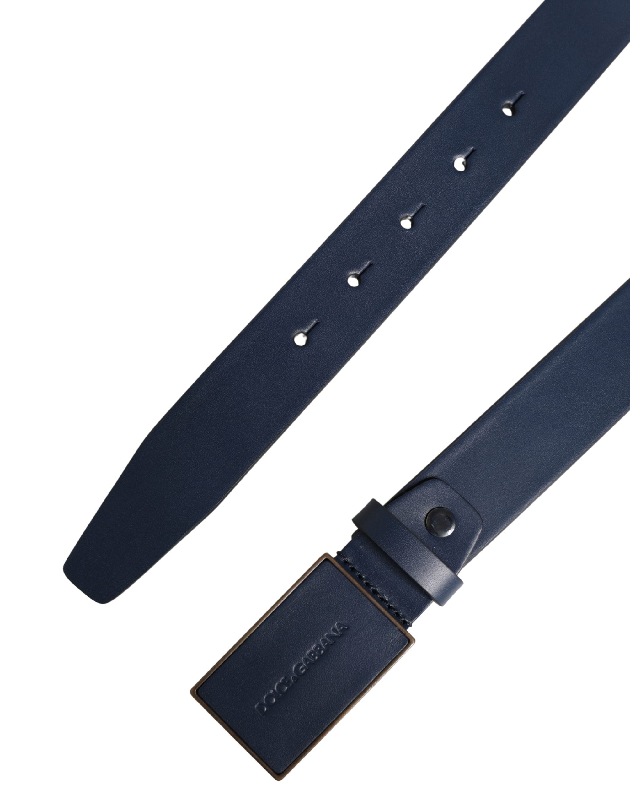 Dolce & Gabbana Men Blue Calf Leather Logo Metal Buckle Men's Belt (Pre-Owned)