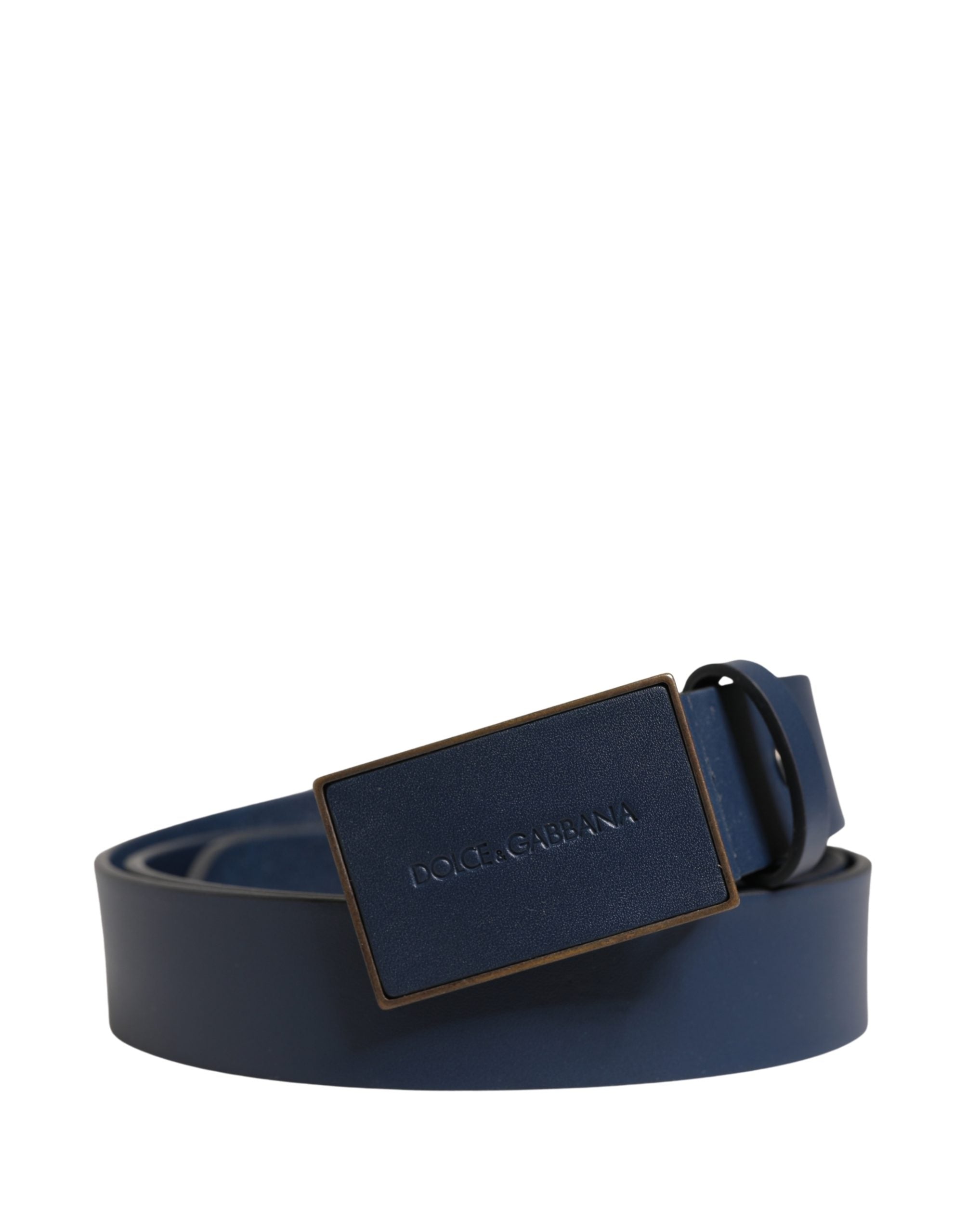 Dolce & Gabbana Men Blue Calf Leather Logo Metal Buckle Men's Belt (Pre-Owned)