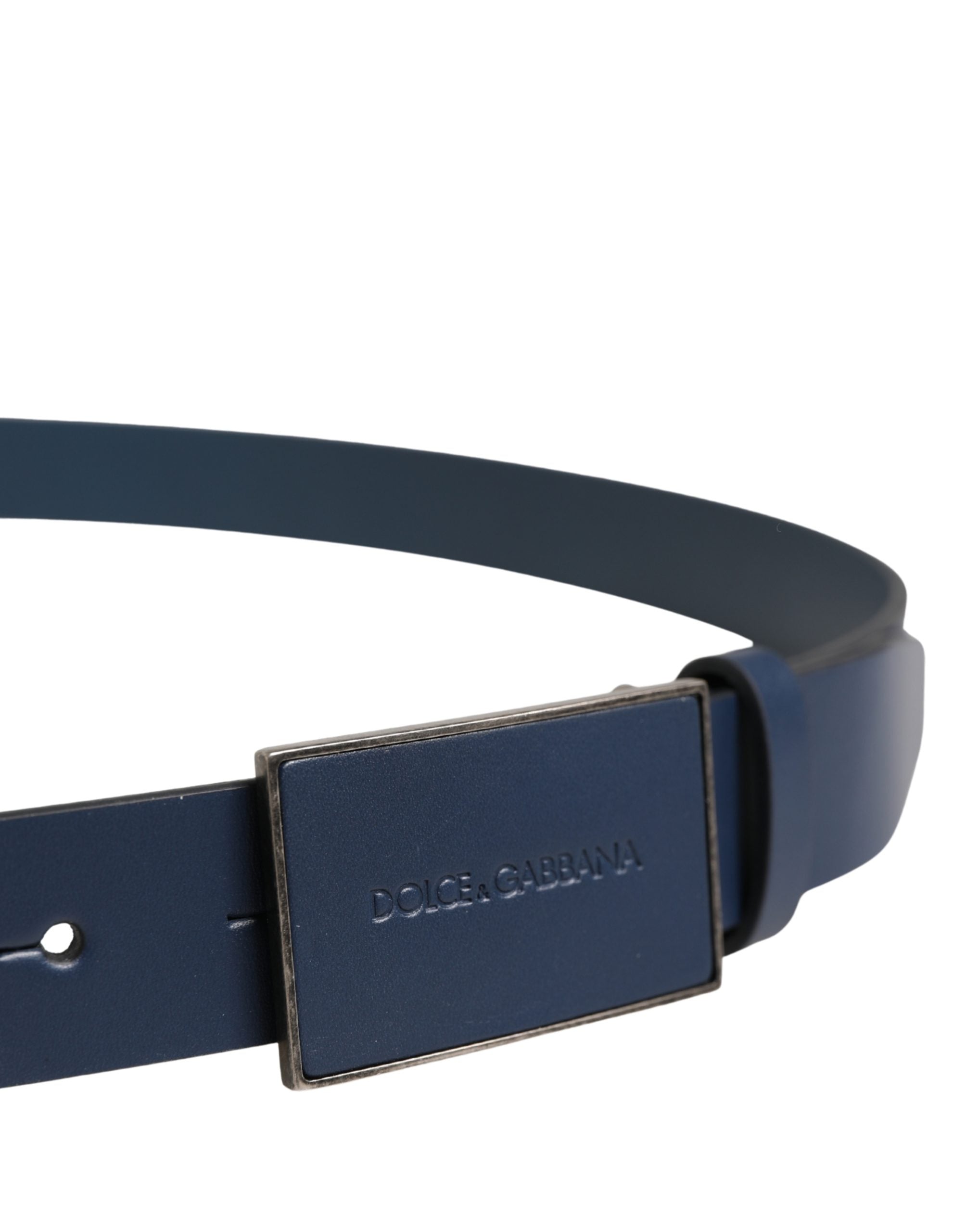 Dolce & Gabbana Men Blue Calf Leather Logo Metal Buckle Men's Belt (Pre-Owned)